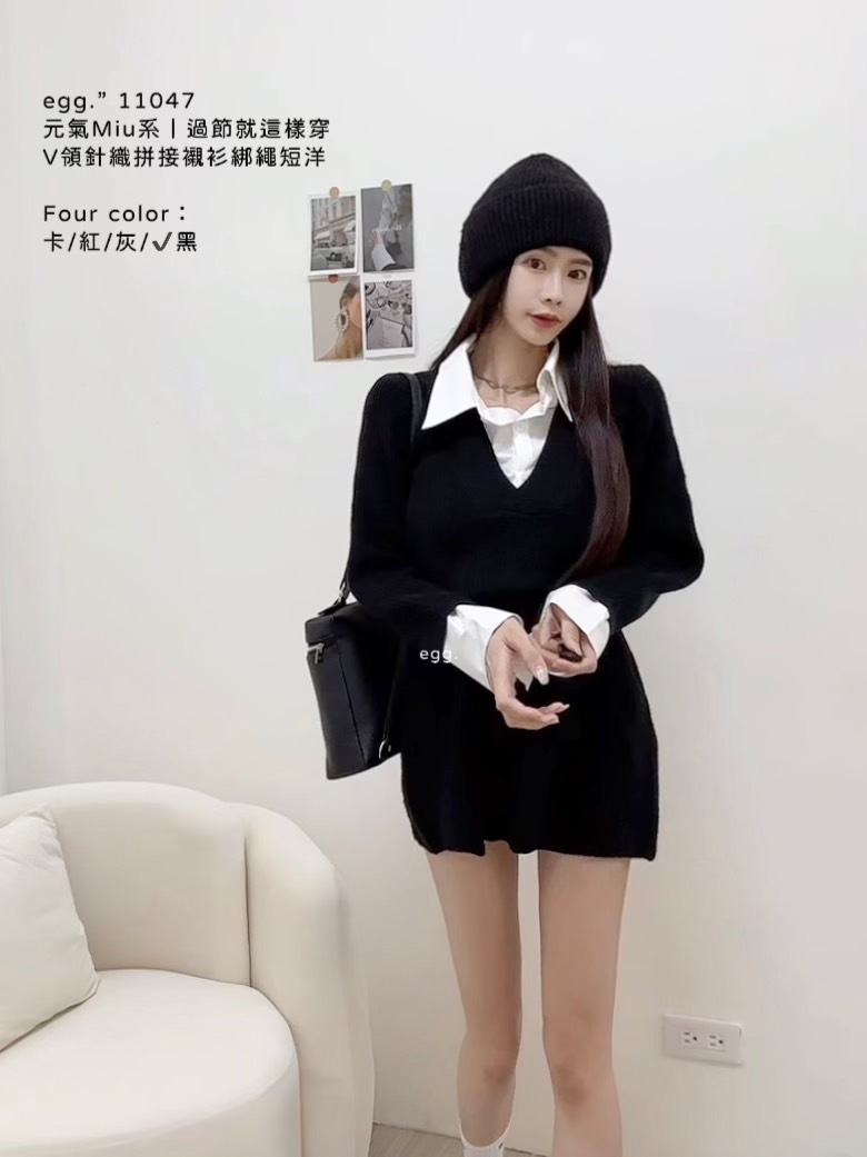 11047元氣Miu系｜過節就這樣穿V領針織拼接襯衫綁繩短洋 (7)