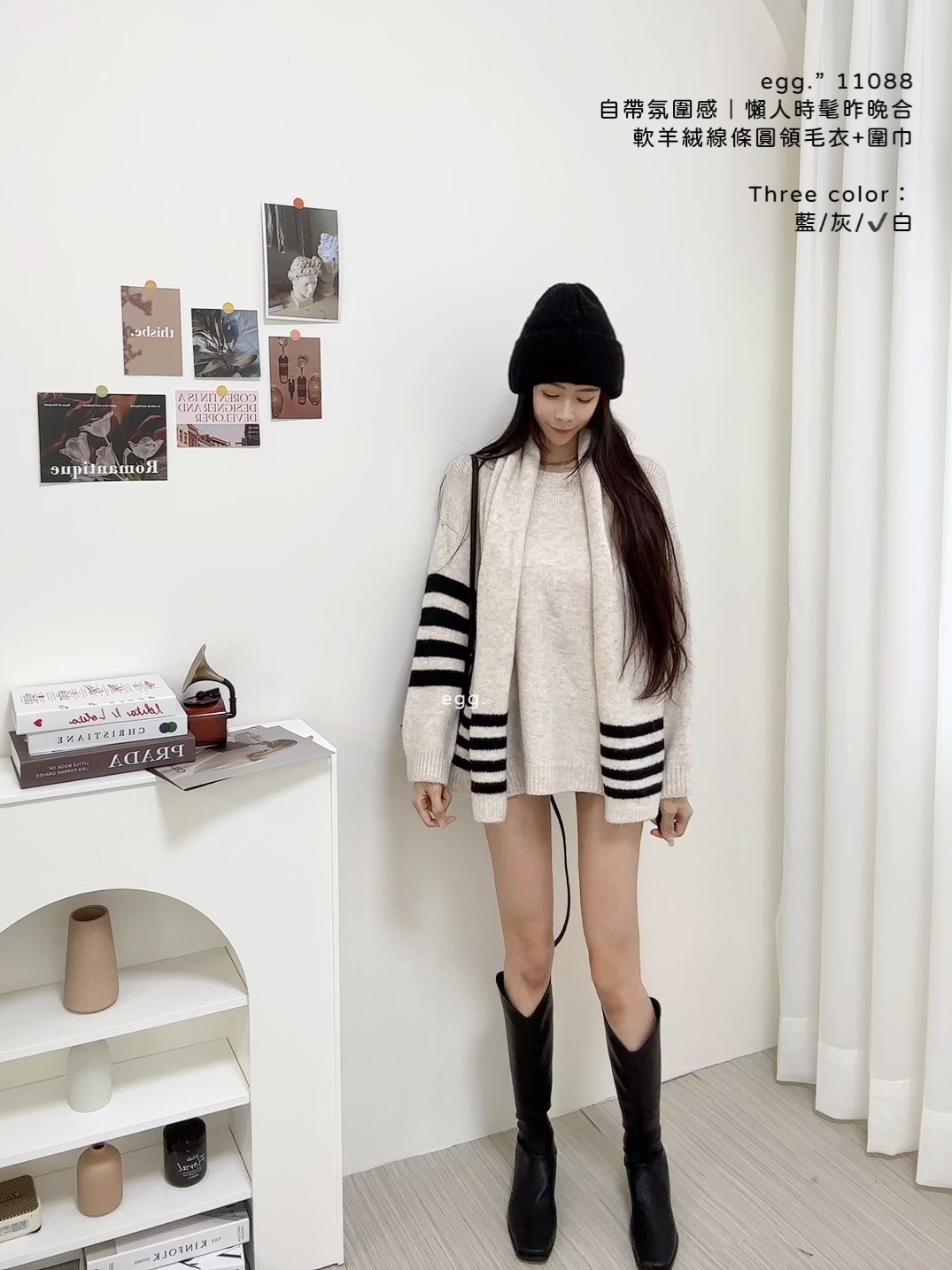 11088自帶氛圍感｜懶人時髦昨晚合軟羊絨線條圓領毛衣+圍巾 (6)