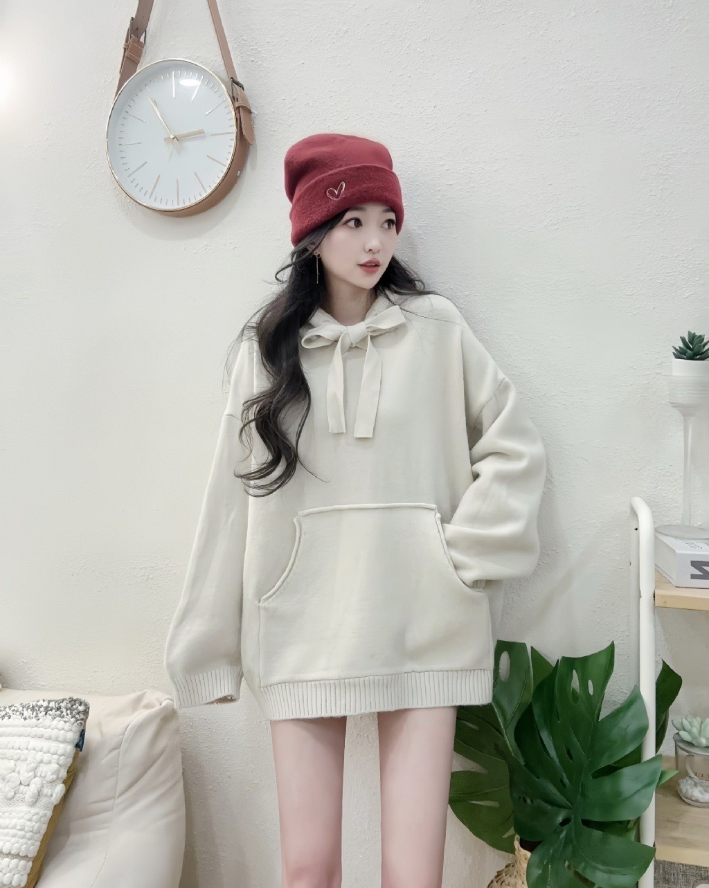 61335軟糯寬版抽繩口袋毛衣帽洋