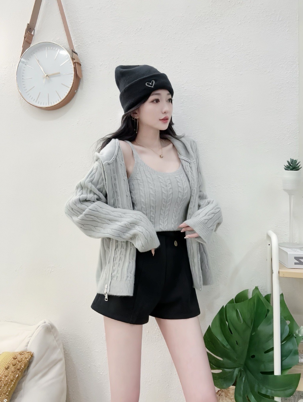 07632質感麻花背心+拉鍊連帽外套