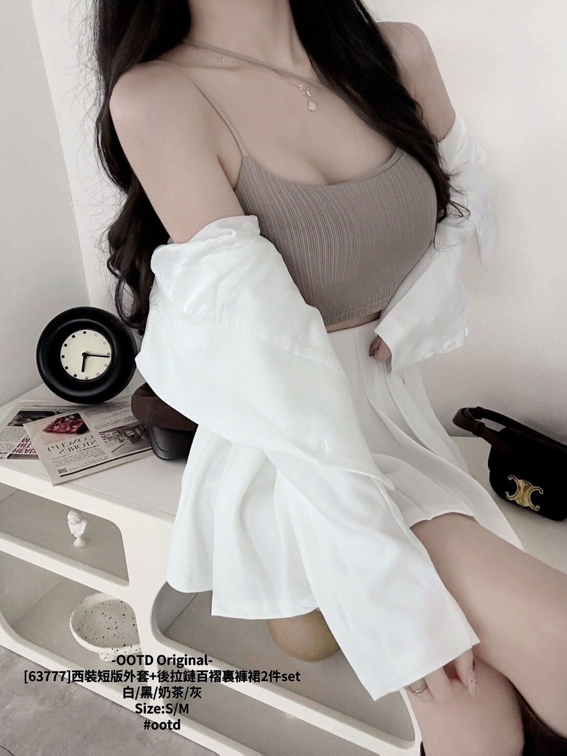 [63777]西裝短版外套+後拉鏈百褶裏褲裙2件set (2)