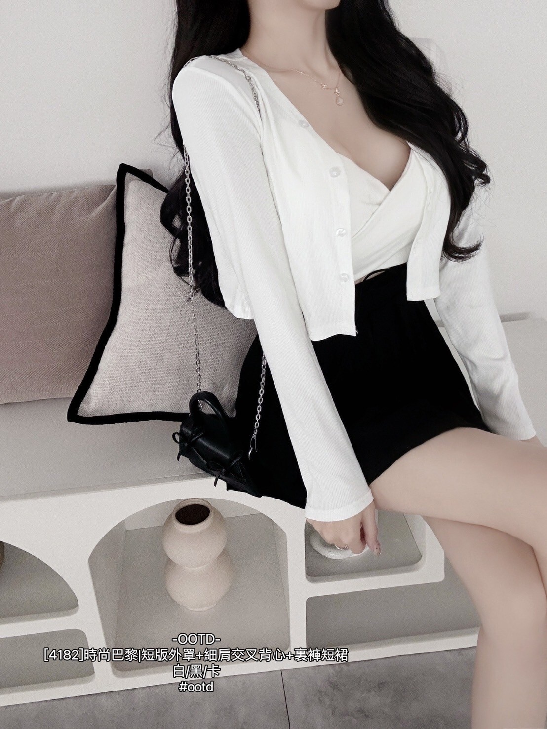 [4182]時尚巴黎短版外罩+細肩交叉背心+裏褲短裙 (2)