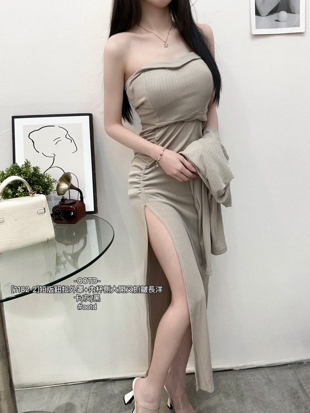 [1182-2]短版鈕扣外罩+內杯側大開叉抓皺長洋 (2)