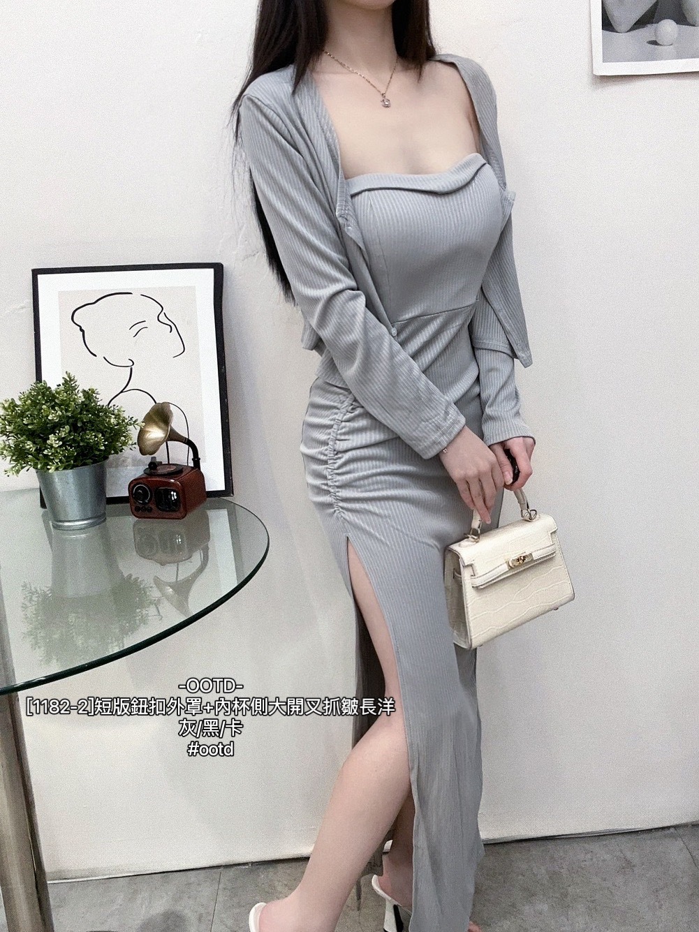 [1182-2]短版鈕扣外罩+內杯側大開叉抓皺長洋 (4)