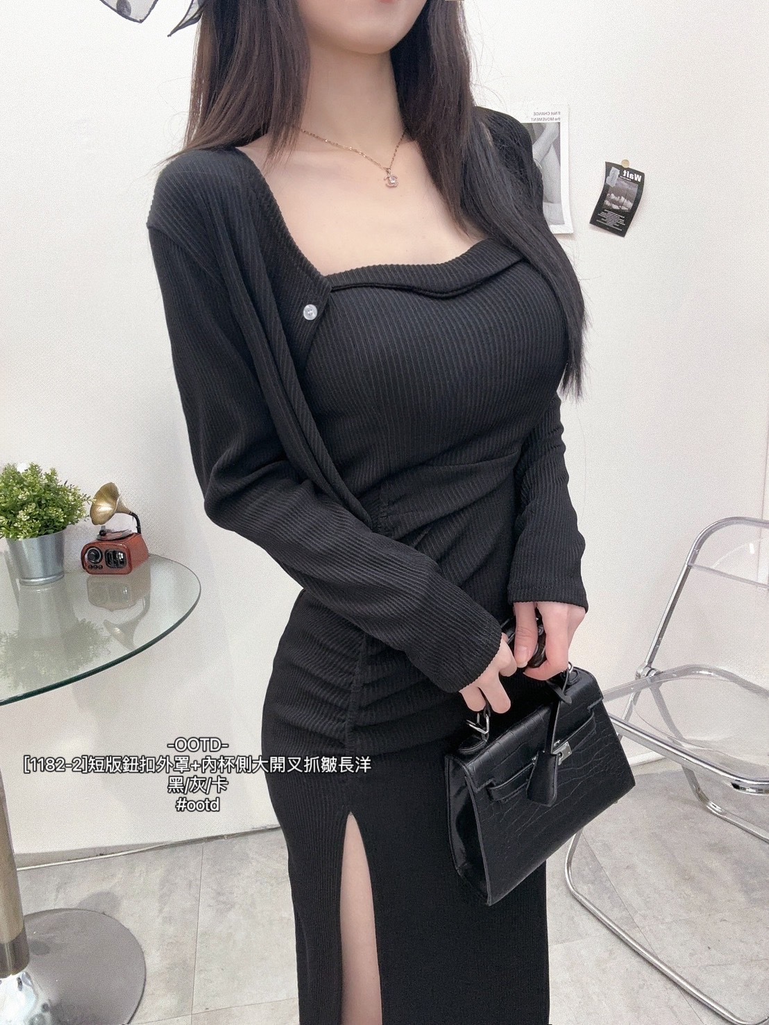 [1182-2]短版鈕扣外罩+內杯側大開叉抓皺長洋 (5)