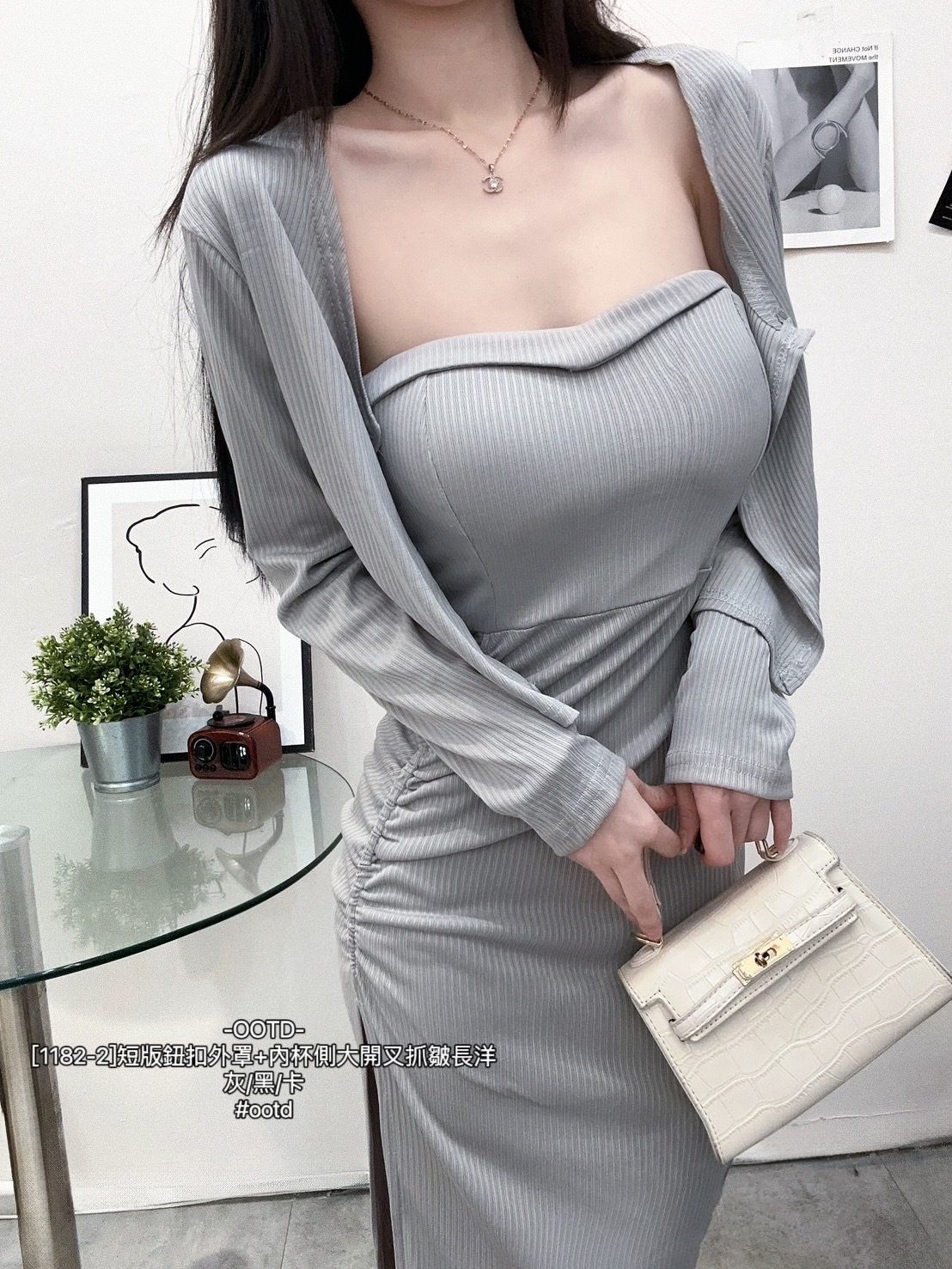 [1182-2]短版鈕扣外罩+內杯側大開叉抓皺長洋 (3)