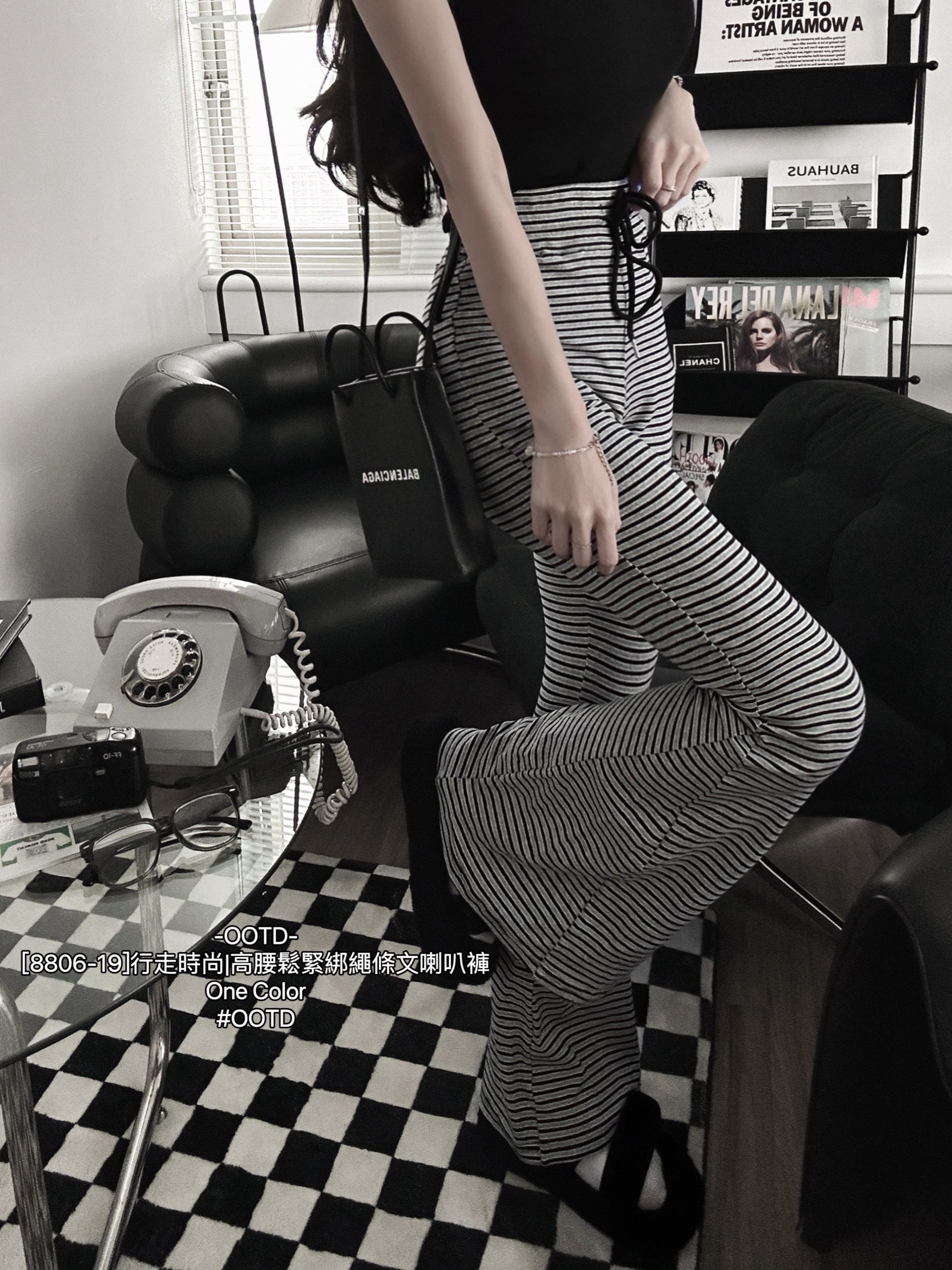 [8806-19]行走時尚高腰鬆緊綁繩條文喇叭褲 (4)