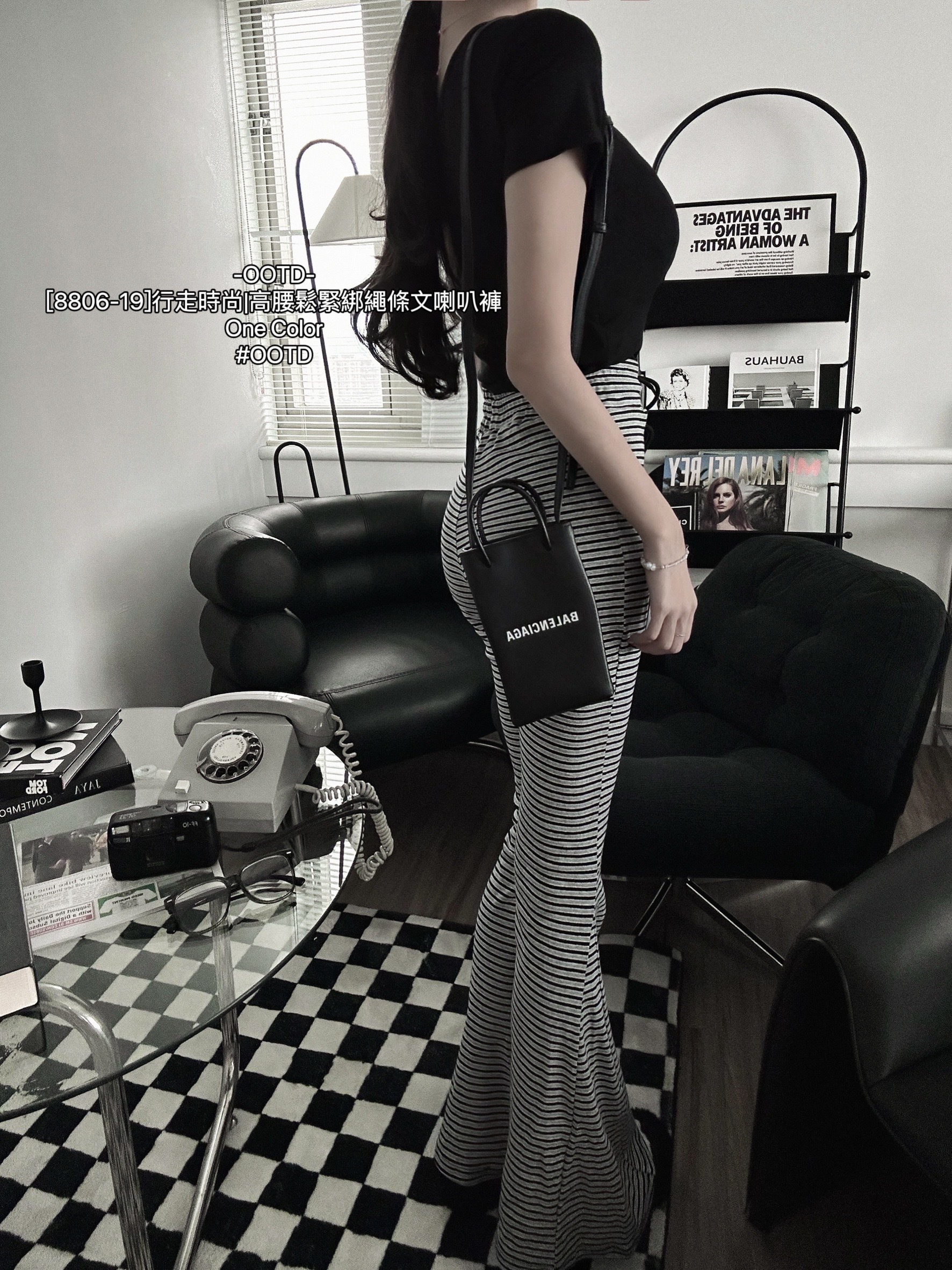 [8806-19]行走時尚高腰鬆緊綁繩條文喇叭褲 (3)