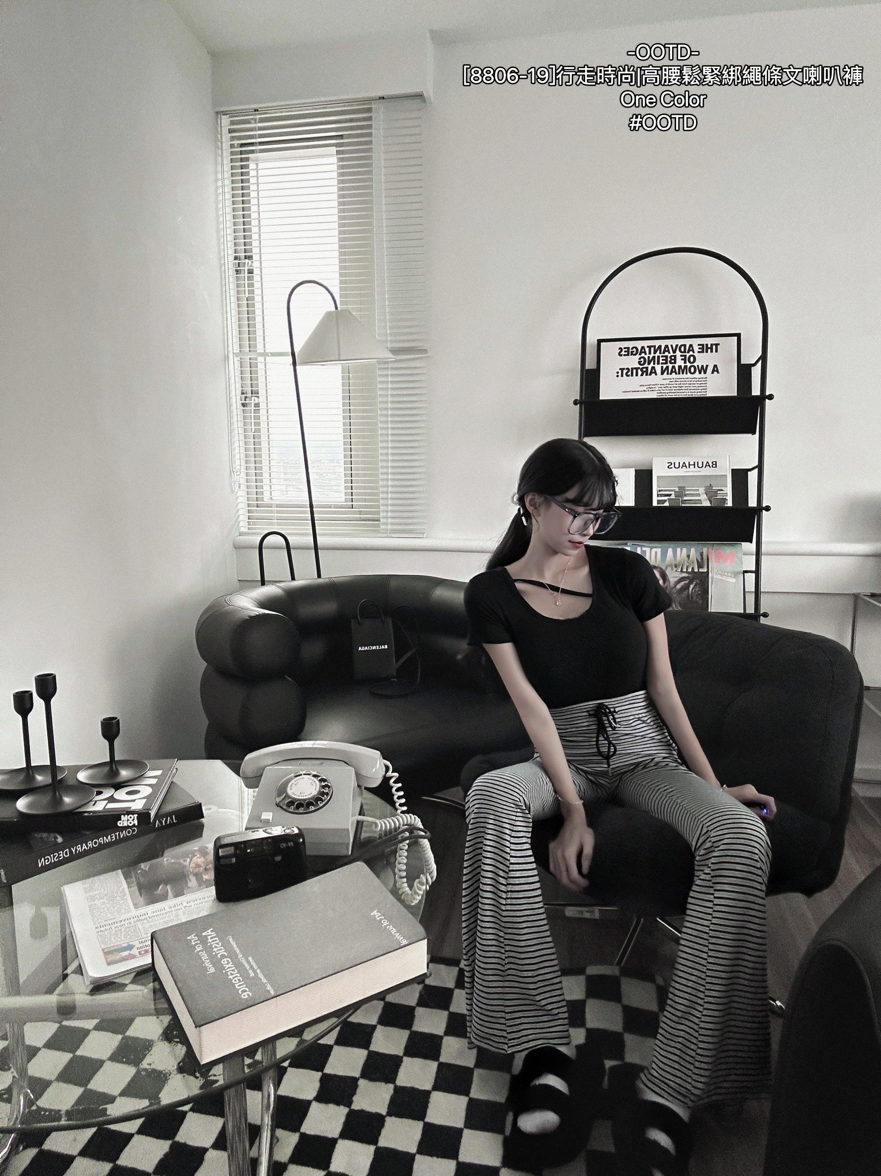 [8806-19]行走時尚高腰鬆緊綁繩條文喇叭褲 (2)