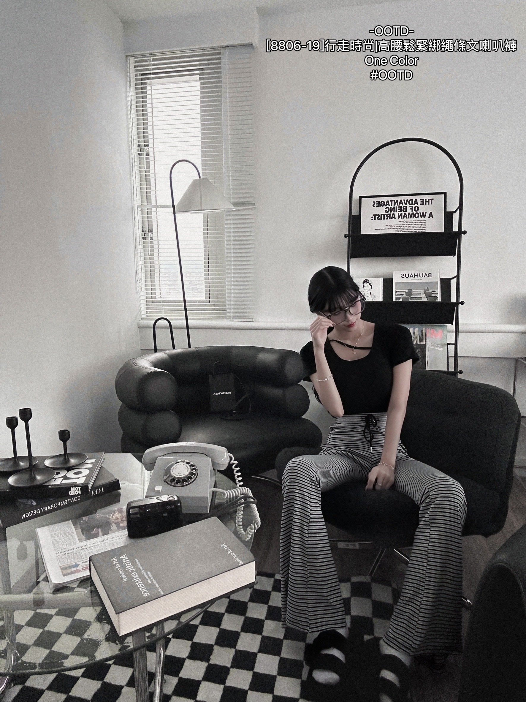 [8806-19]行走時尚高腰鬆緊綁繩條文喇叭褲