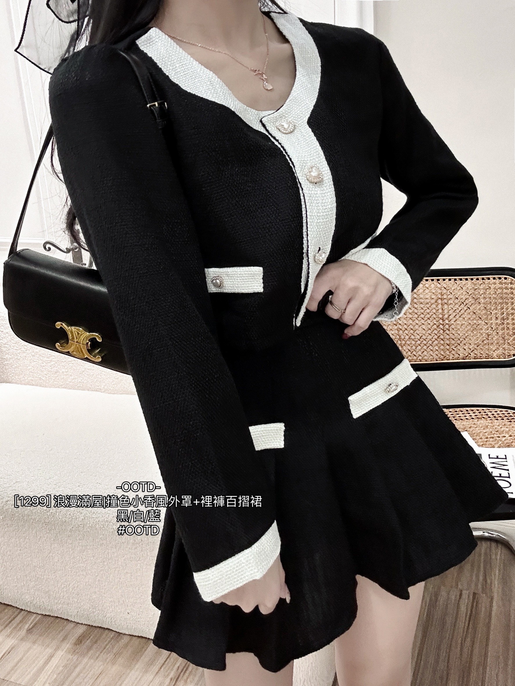 [1299] 浪漫滿屋撞色小香風外罩+裡褲百摺裙 (7)