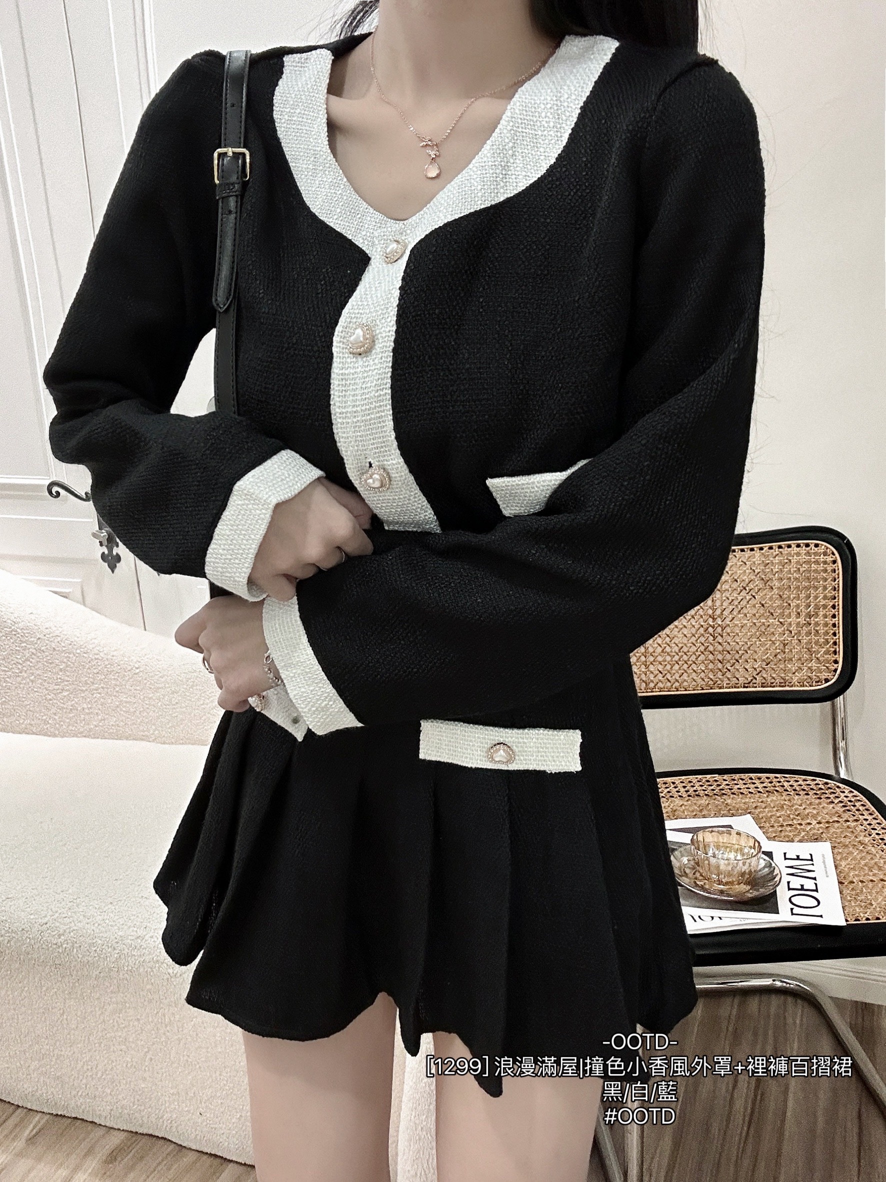 [1299] 浪漫滿屋撞色小香風外罩+裡褲百摺裙 (8)