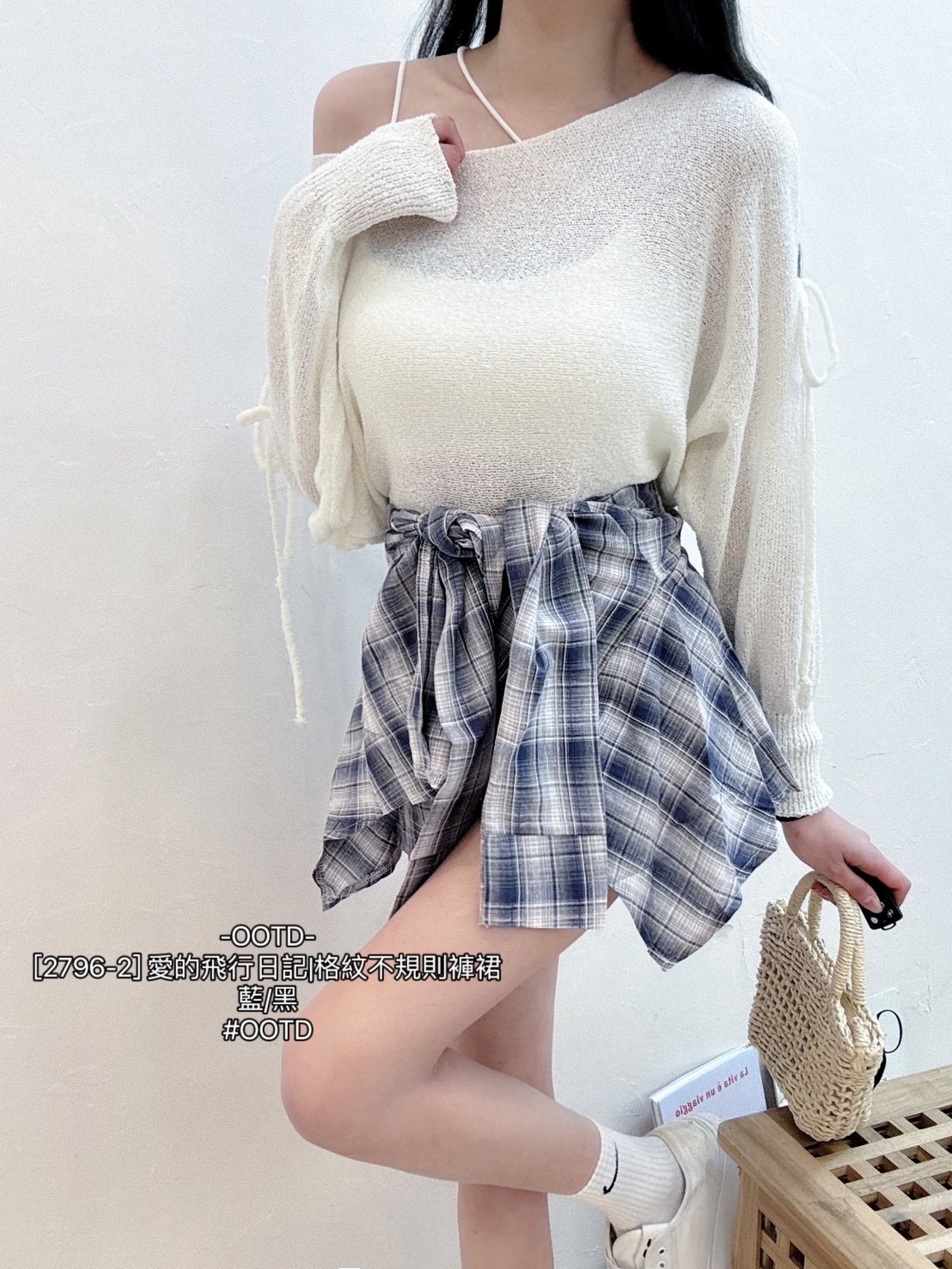 [2796-2] 愛的飛行日記格紋不規則褲裙 (2)