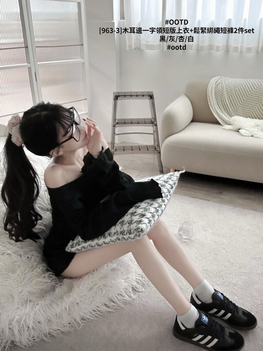 [963-3]木耳邊一字領短版上衣+鬆緊綁繩短褲2件set (7)