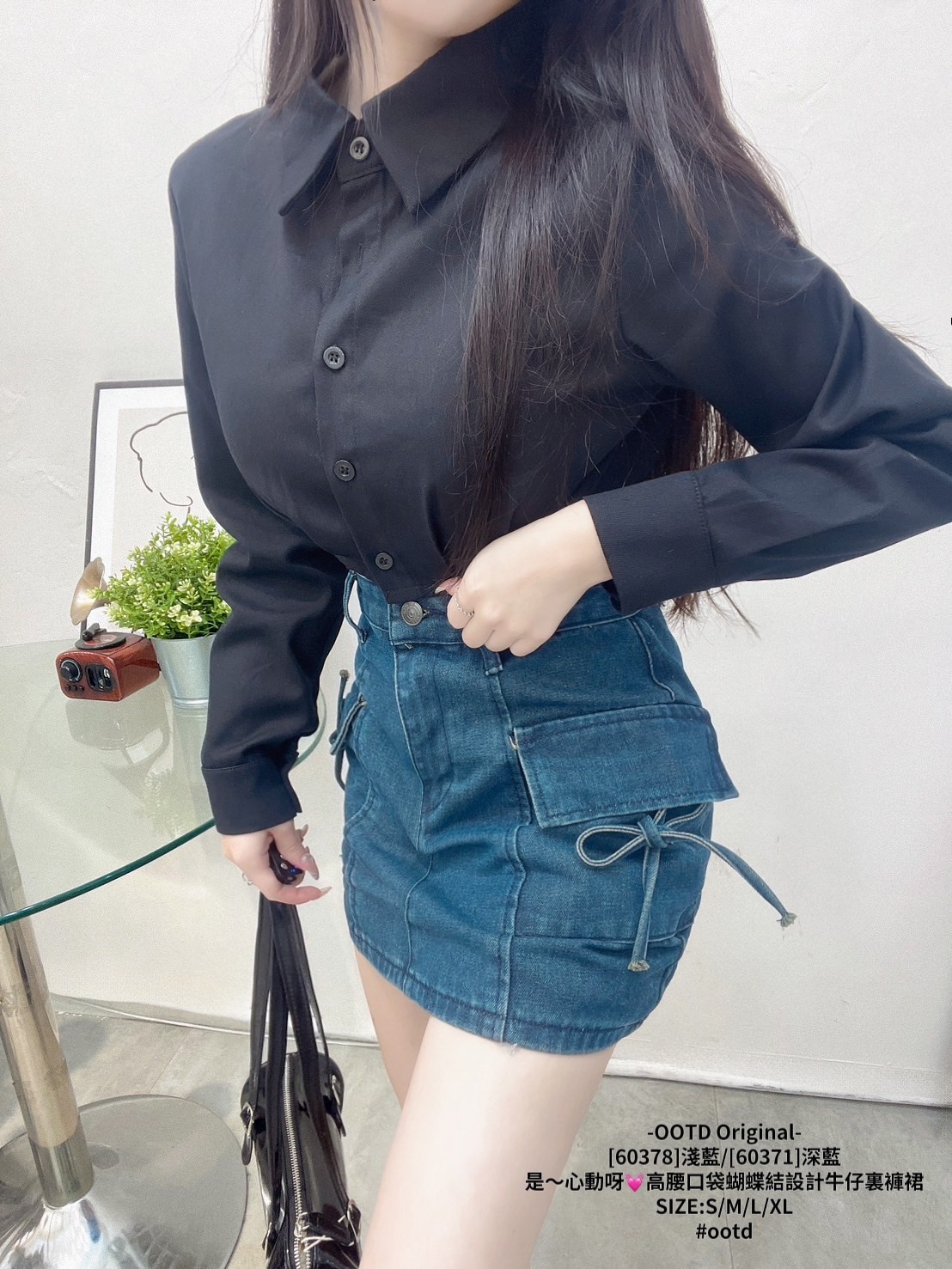 [60378]淺藍[60371]深藍 是～心動呀💓高腰口袋蝴蝶結設計牛仔裏褲裙 (6)