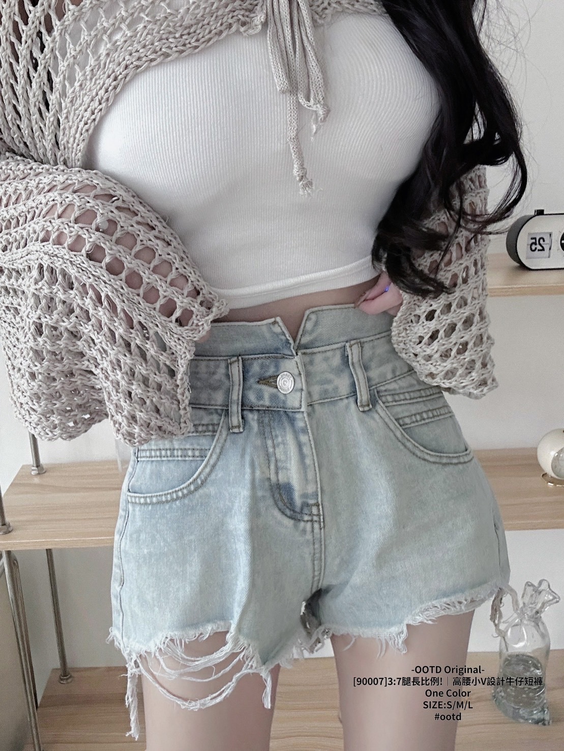 [90007]37腿長比例!｜高腰小V設計牛仔短褲 (4)