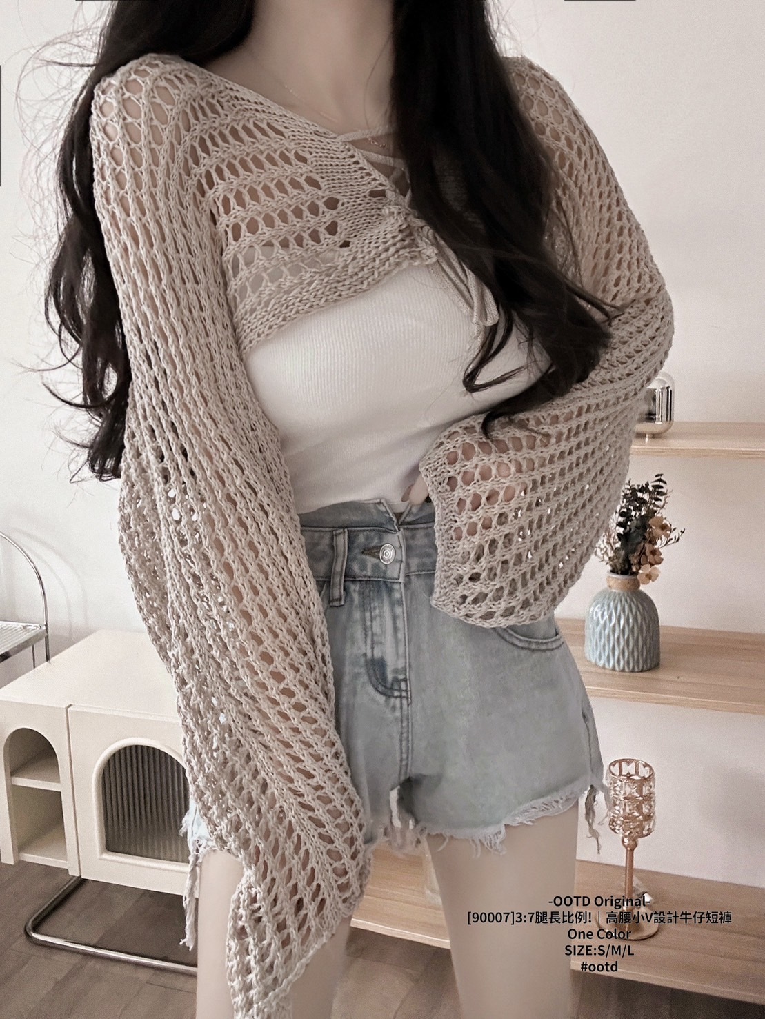 [90007]37腿長比例!｜高腰小V設計牛仔短褲 (3)