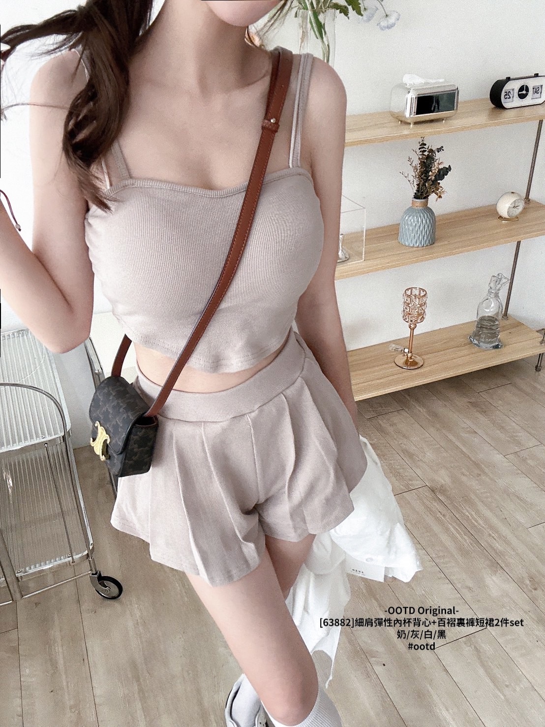 63882]細肩彈性內杯背心+百褶裏褲短裙2件set (3)