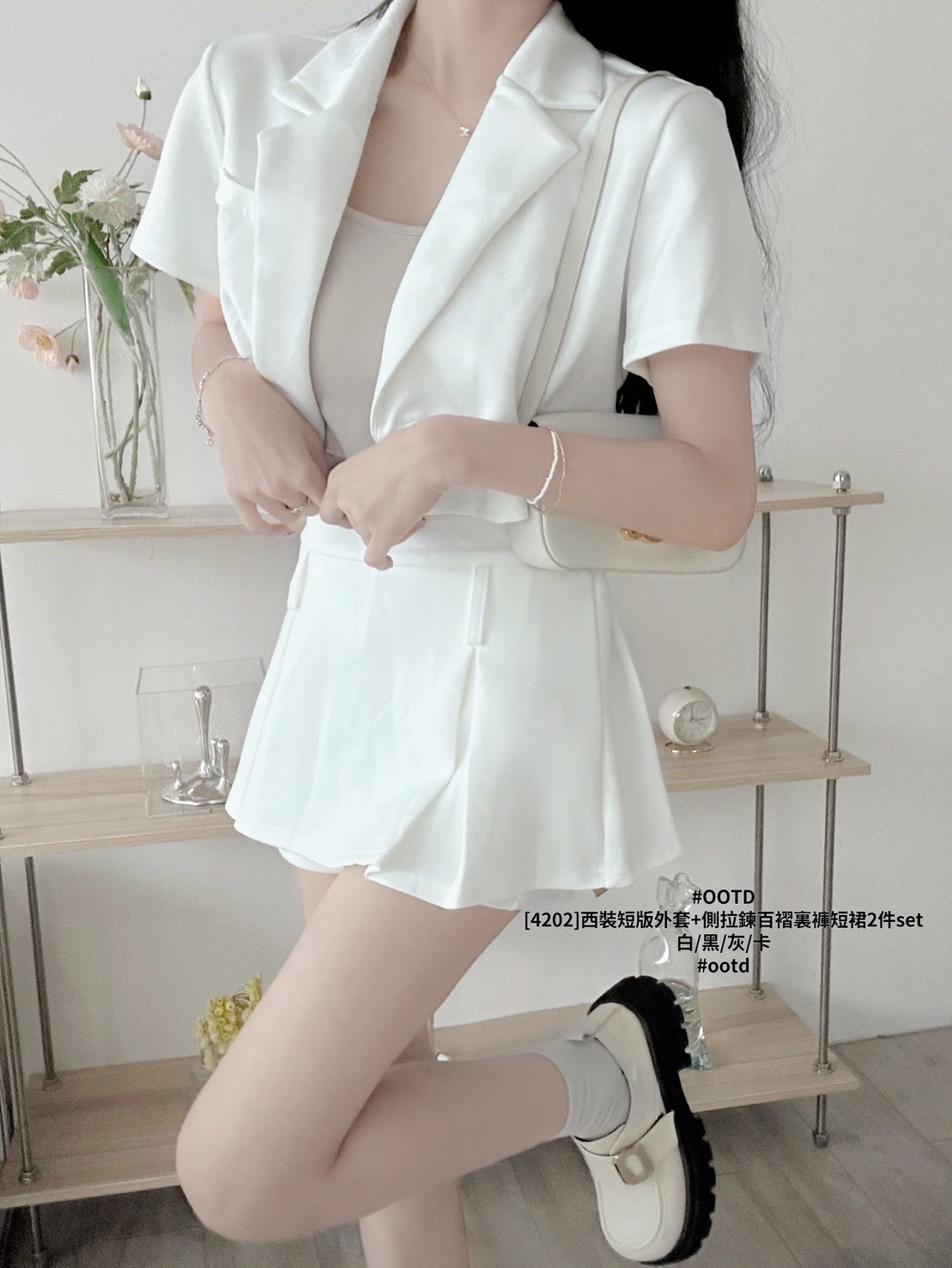 [4202]西裝短版外套+側拉鍊百褶裏褲短裙2件set (2)