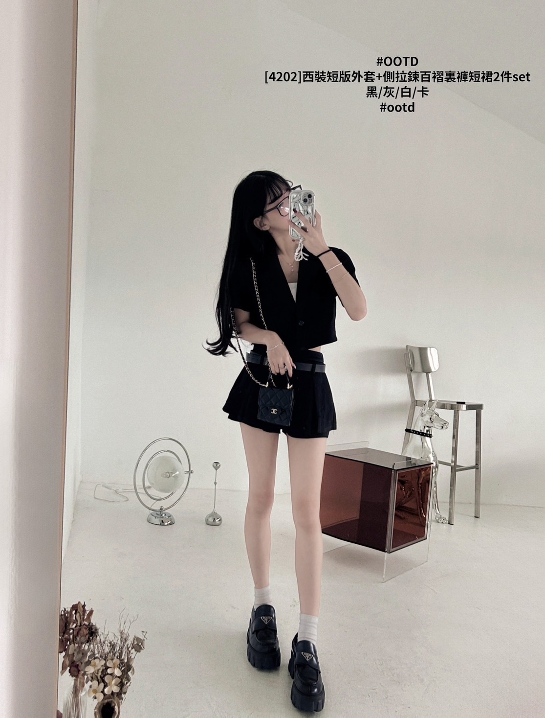 [4202]西裝短版外套+側拉鍊百褶裏褲短裙2件set (7)