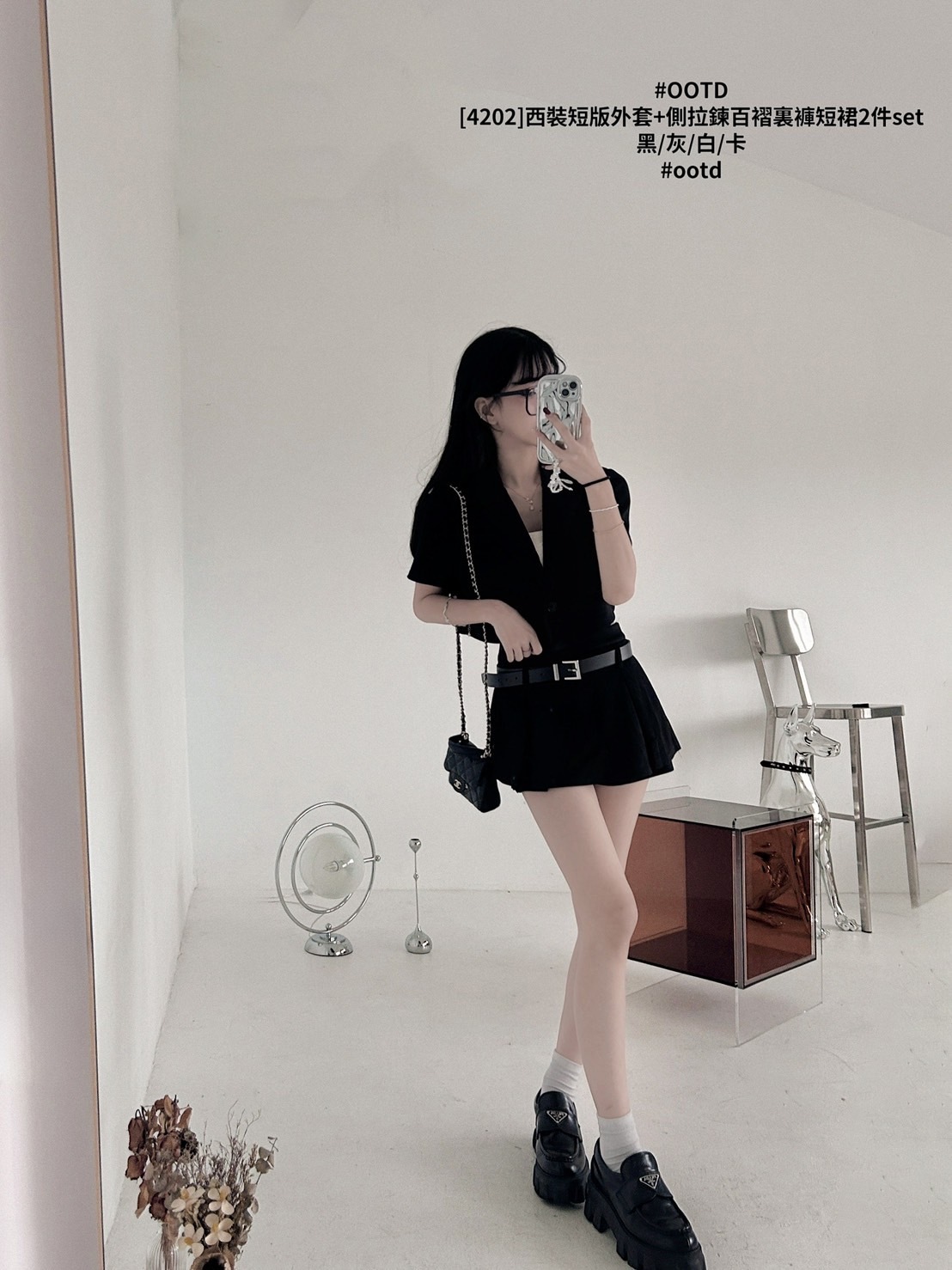[4202]西裝短版外套+側拉鍊百褶裏褲短裙2件set (8)