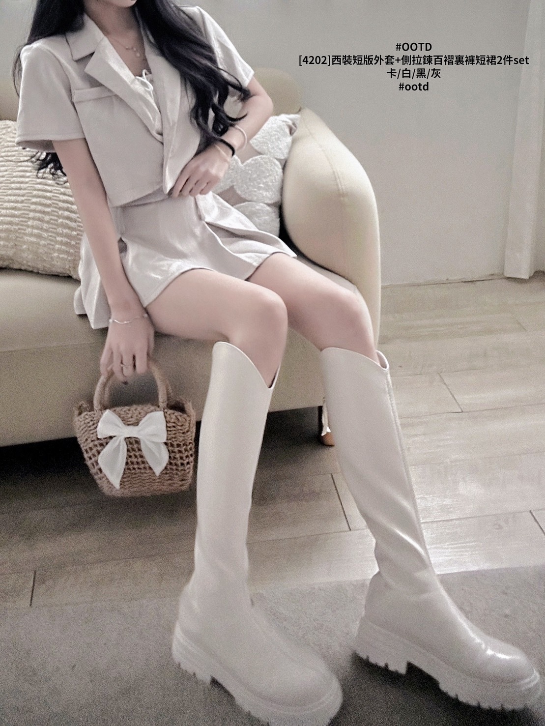 [4202]西裝短版外套+側拉鍊百褶裏褲短裙2件set (4)