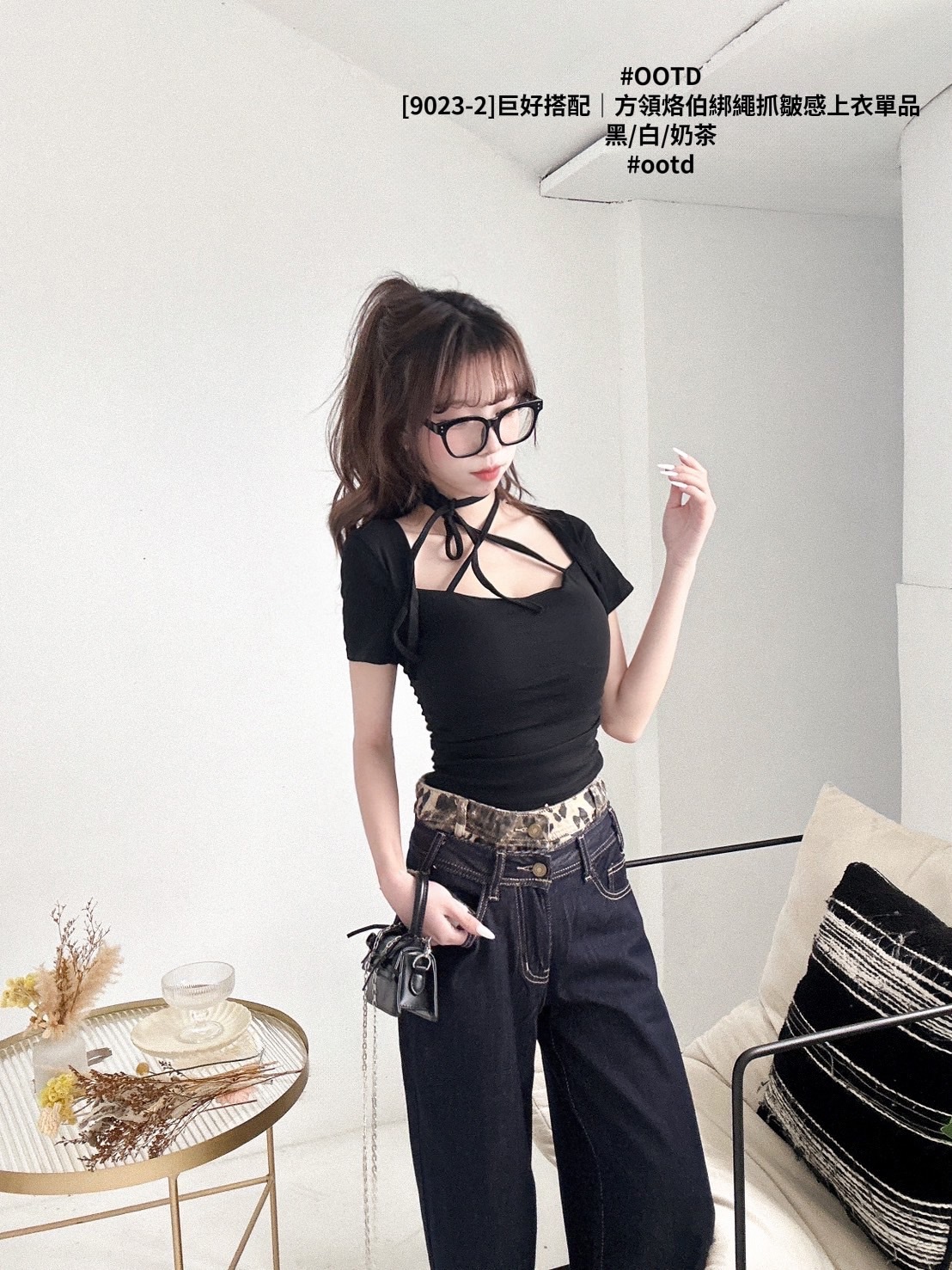 [9023-2]巨好搭配｜方領烙伯綁繩抓皺感上衣單品 (9)