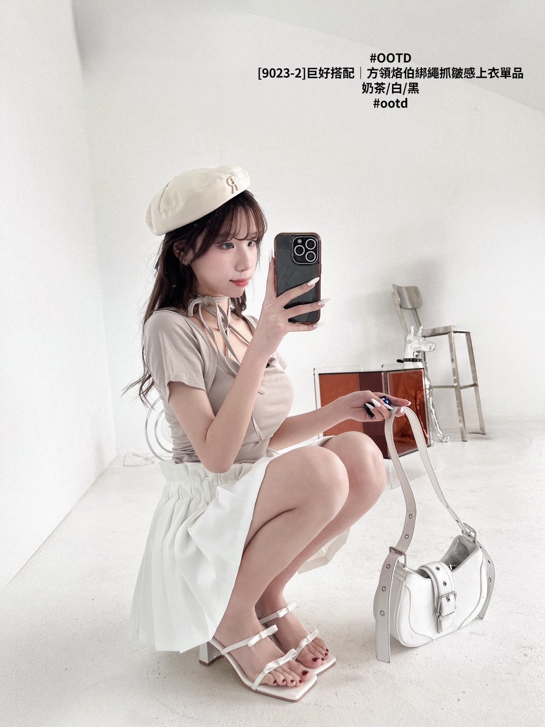 [9023-2]巨好搭配｜方領烙伯綁繩抓皺感上衣單品 (4)