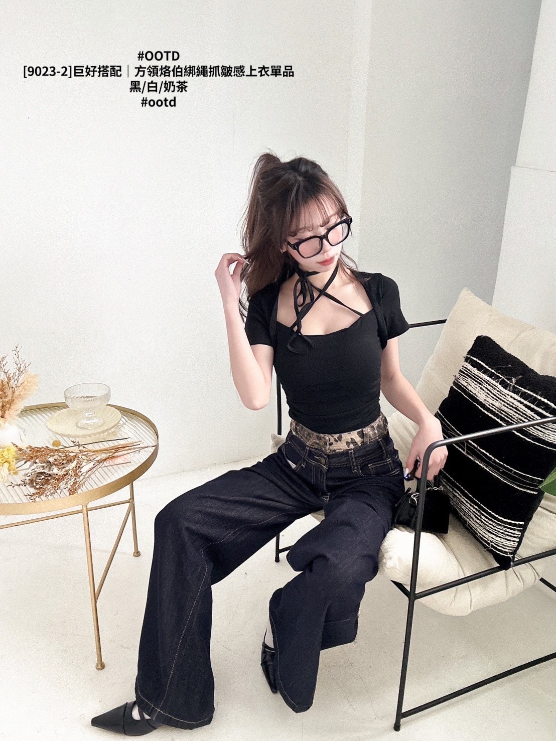 [9023-2]巨好搭配｜方領烙伯綁繩抓皺感上衣單品 (7)