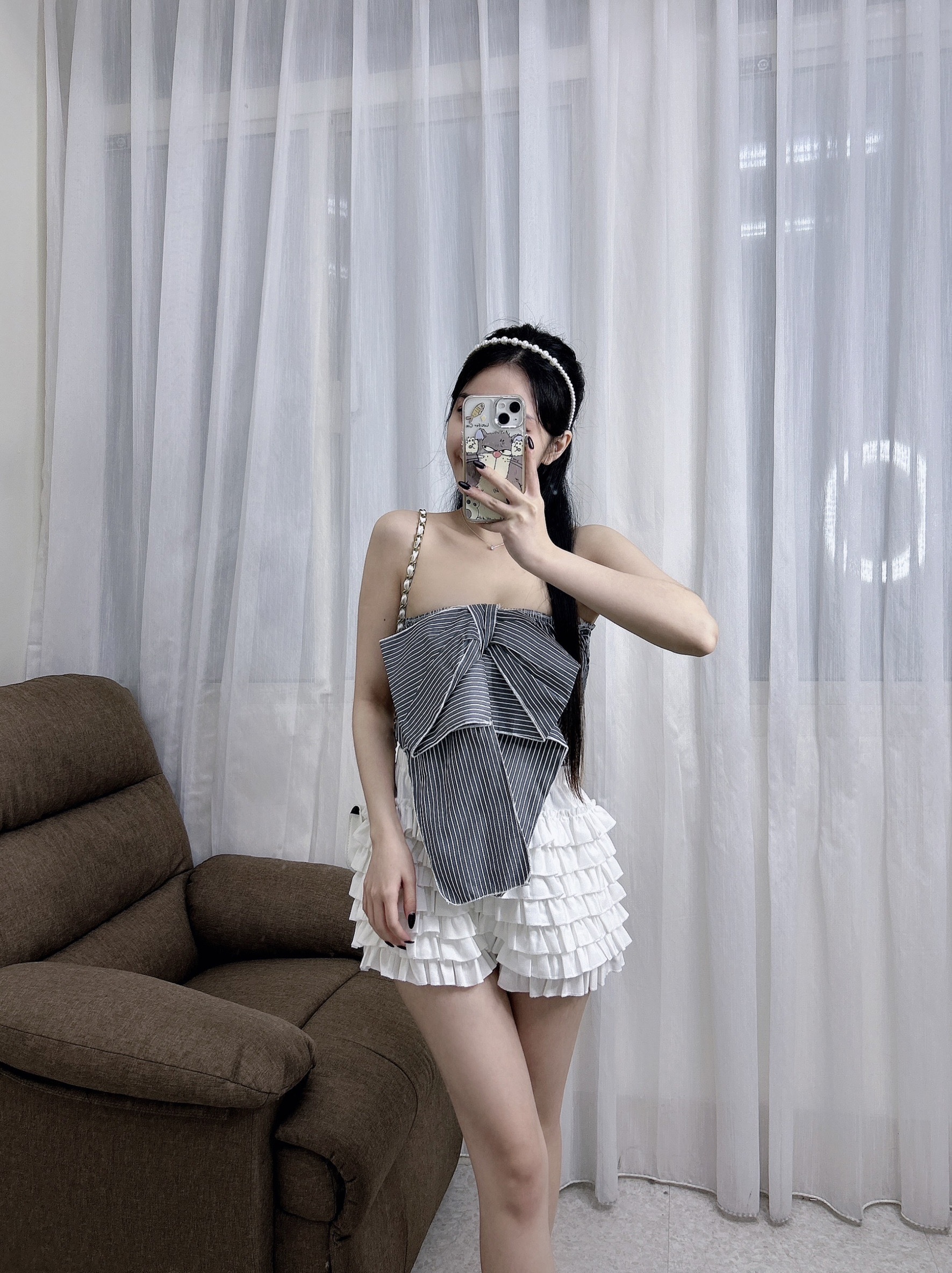 4166條紋蝴蝶結抹胸小清新甜美風 (6)