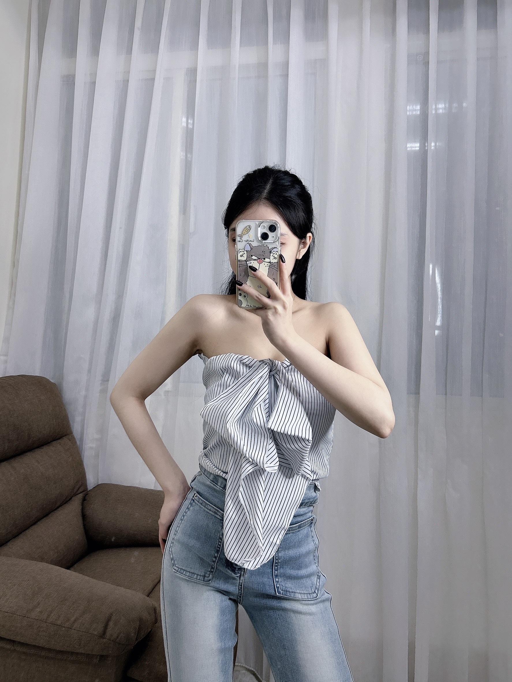 4166條紋蝴蝶結抹胸小清新甜美風 (5)