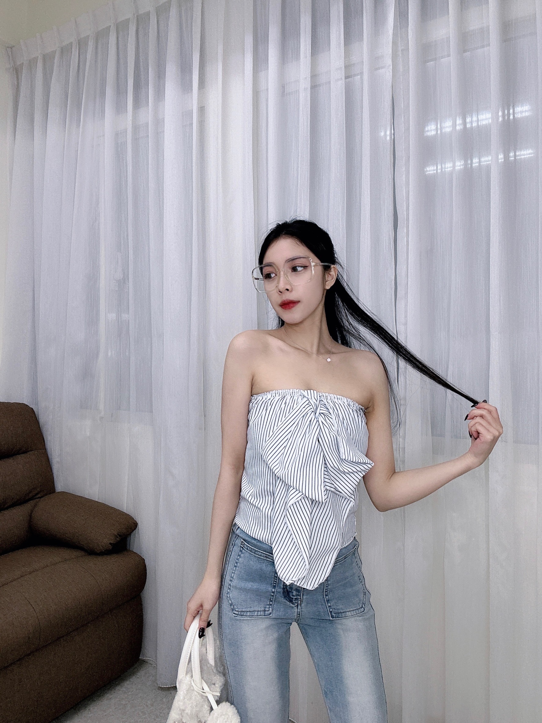 4166條紋蝴蝶結抹胸小清新甜美風 (4)