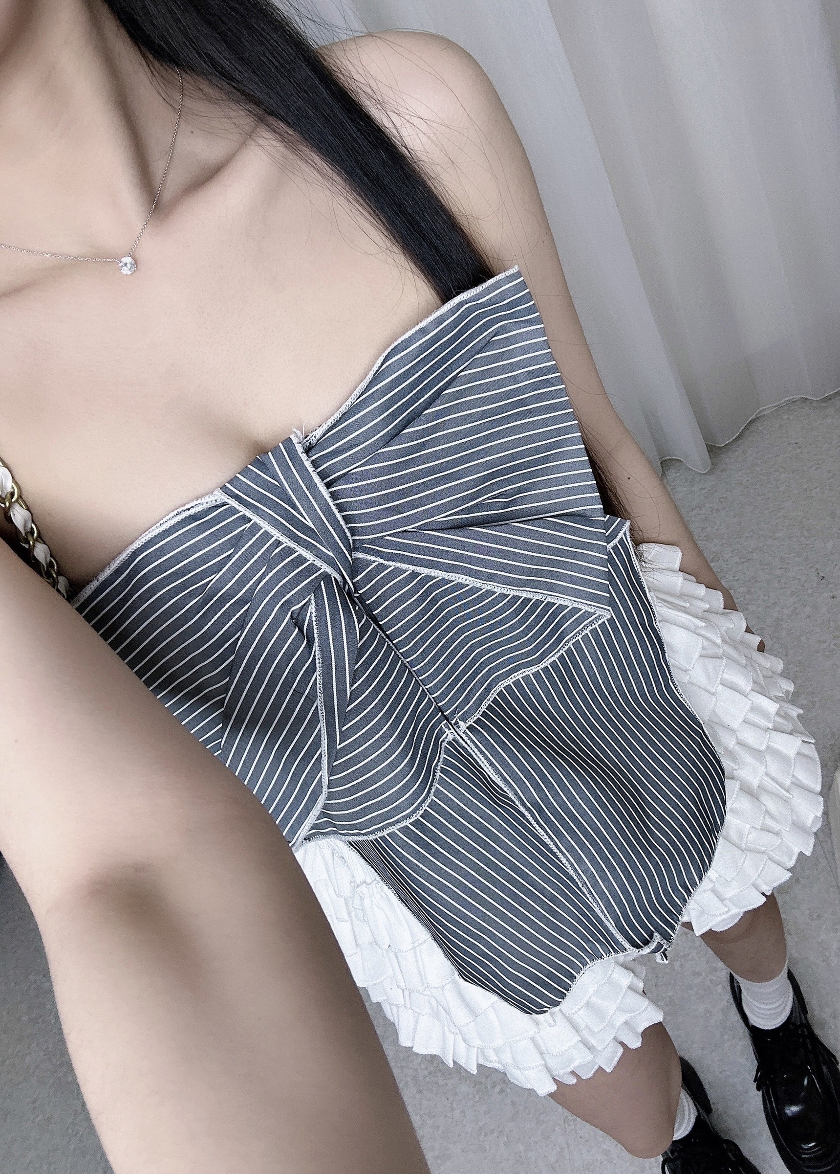 4166條紋蝴蝶結抹胸小清新甜美風 (7)