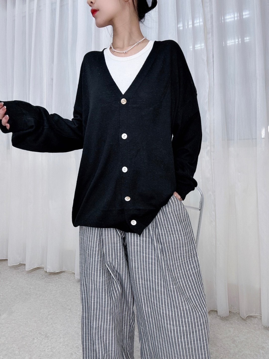 3980長板包芯紗罩衫V領透視防曬開衫 (3)