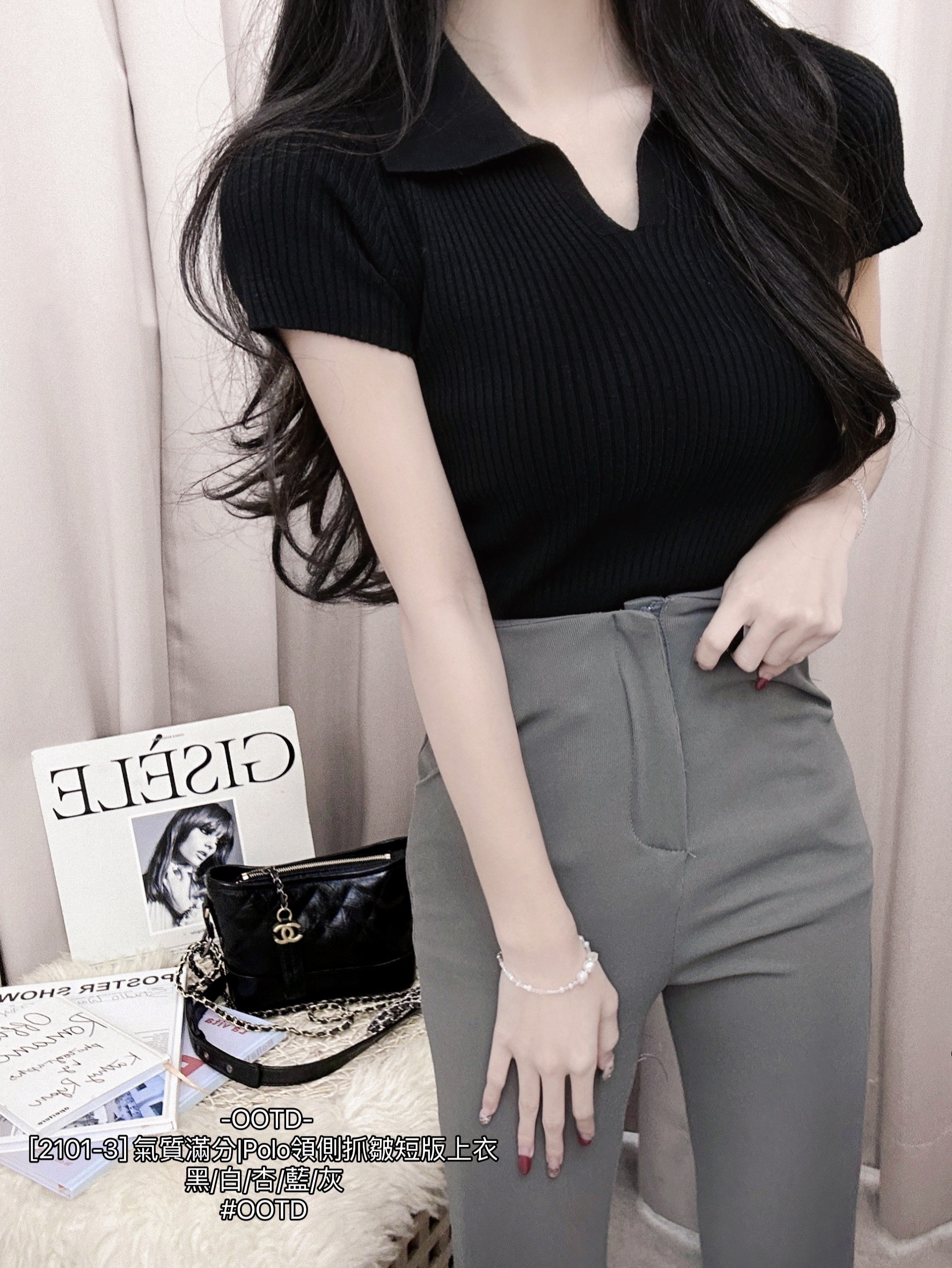 [2101-3] 氣質滿分Polo領側抓皺短版上衣 (9)