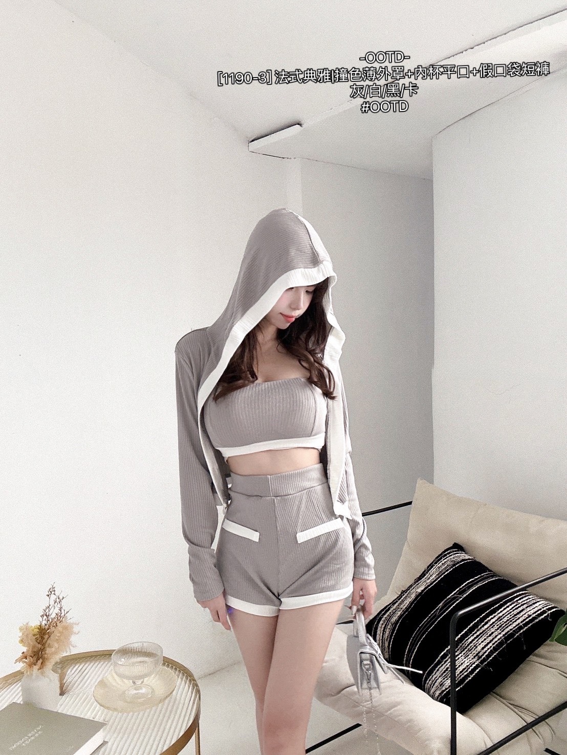 [1190-3] 法式典雅撞色薄外罩+內杯平口+假口袋短褲 (6)