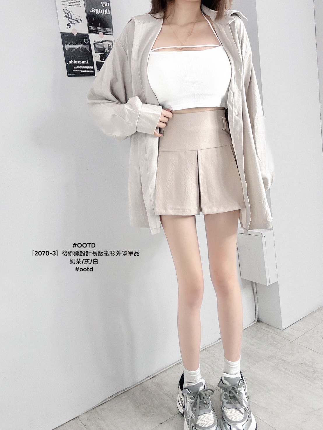 ［2070-3］後綁繩設計長版襯衫外罩單品 (2)