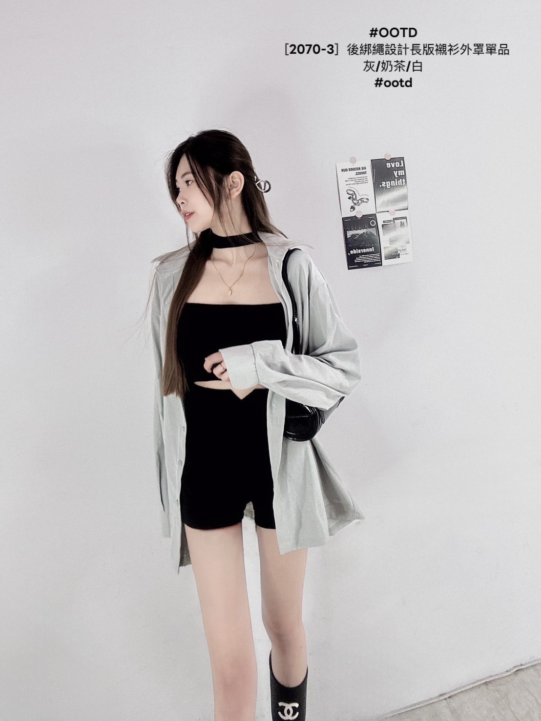 ［2070-3］後綁繩設計長版襯衫外罩單品 (3)