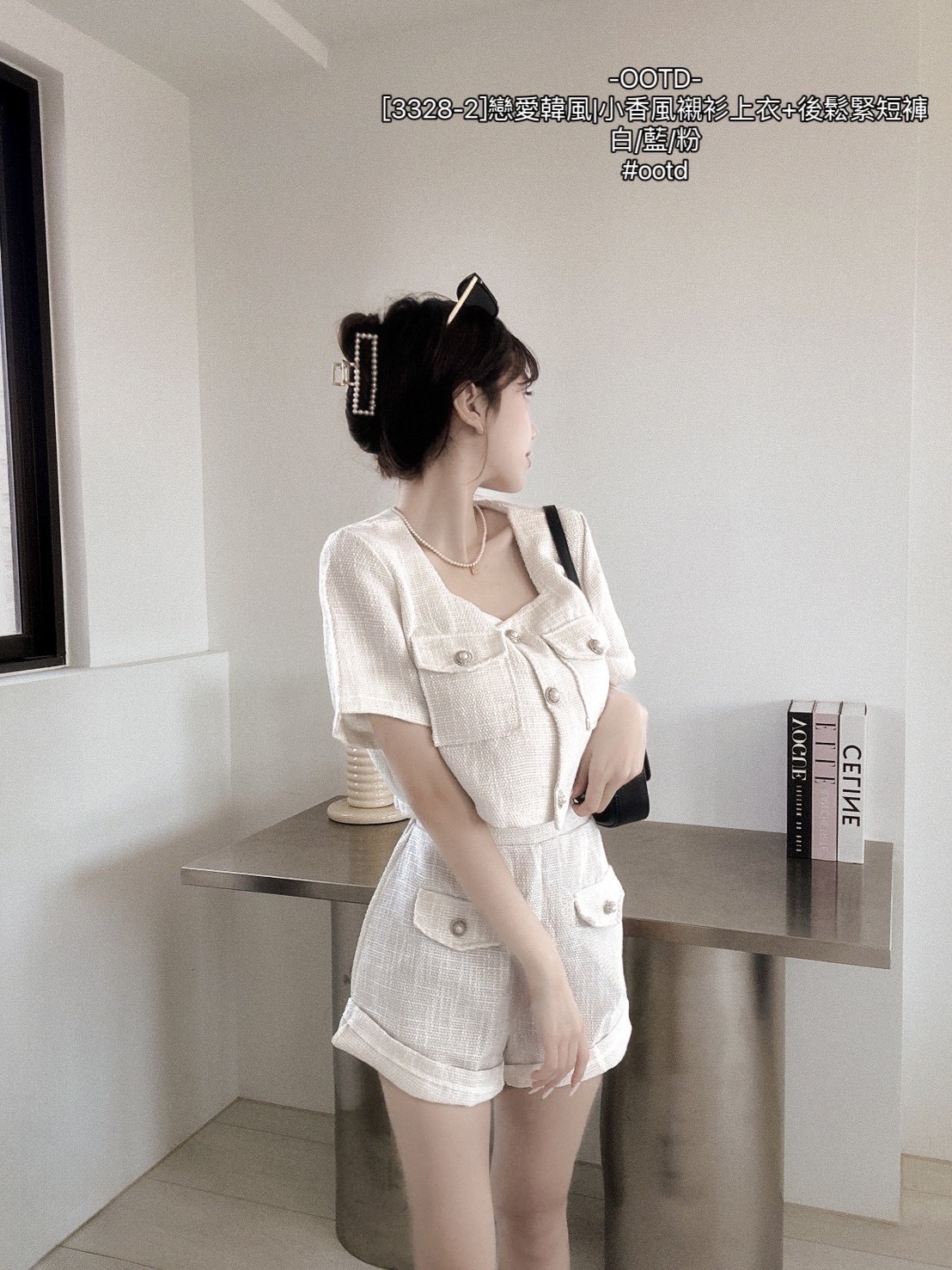 [3328-2]戀愛韓風小香風襯衫上衣+後鬆緊短褲 (2)