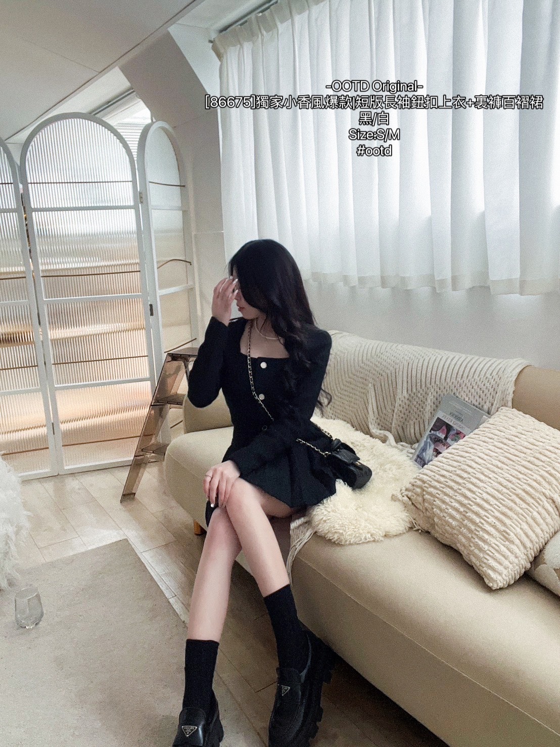 [86675]獨家小香風爆款短版長袖鈕扣上衣+裏褲百褶裙 (8)
