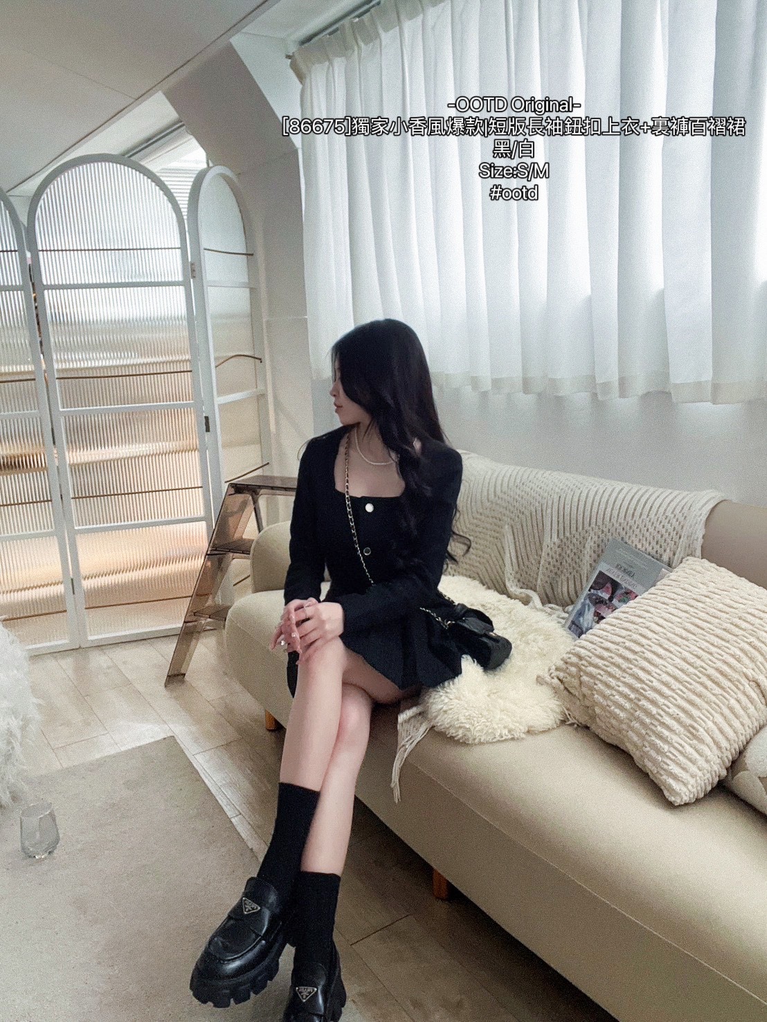 [86675]獨家小香風爆款短版長袖鈕扣上衣+裏褲百褶裙 (7)