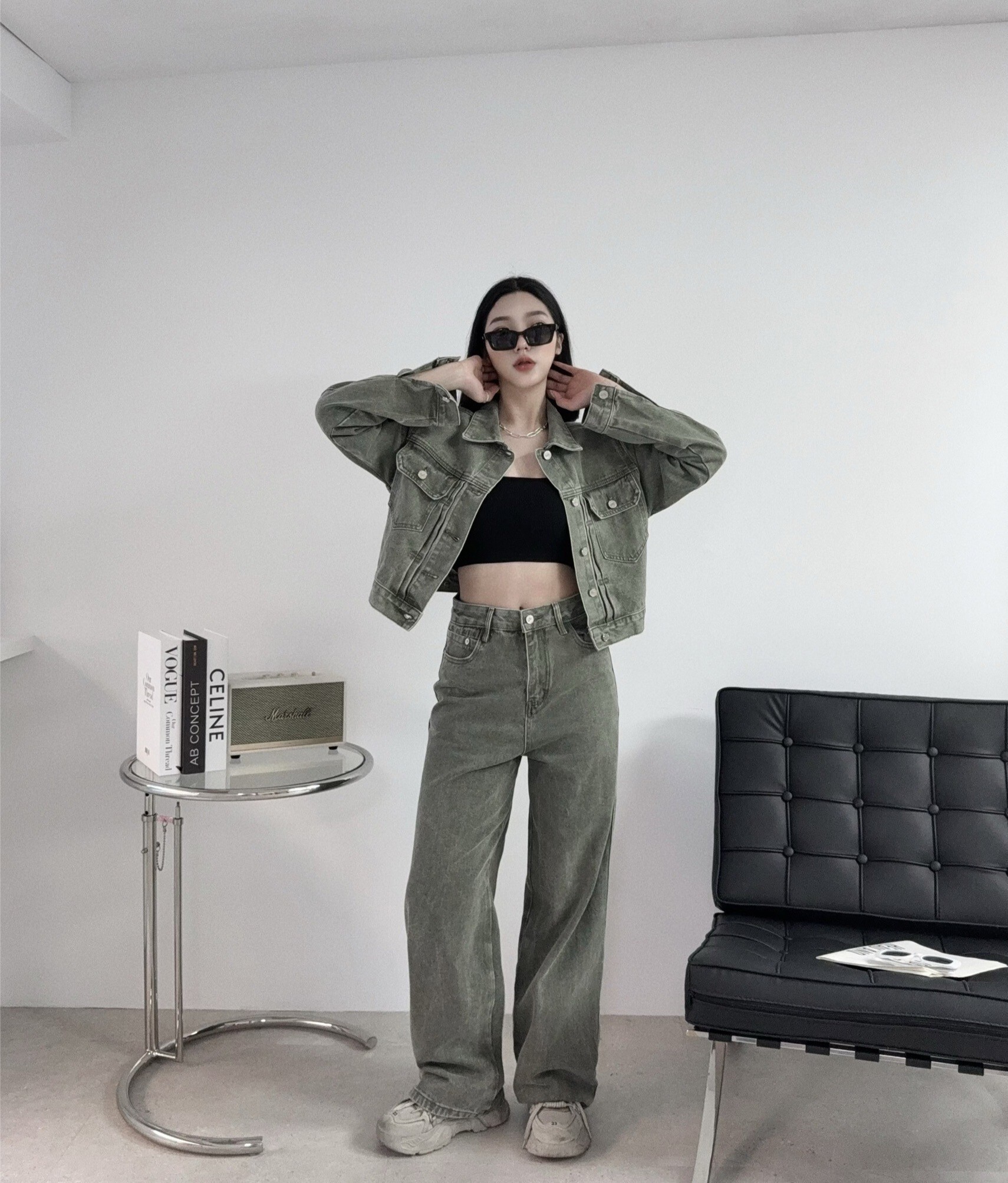 A2552『選品』率性復古刷色牛仔長褲SET (4)