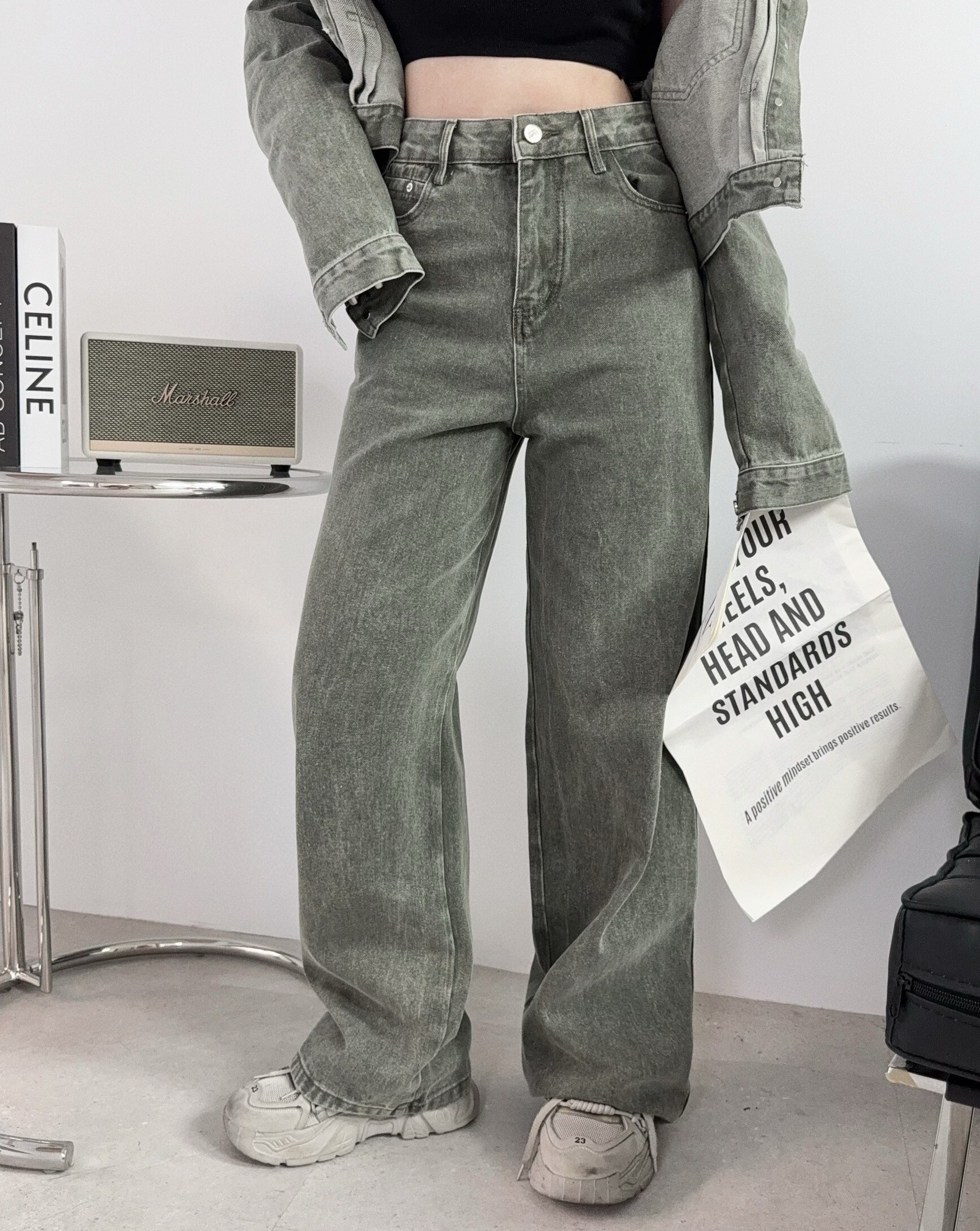 A2552『選品』率性復古刷色牛仔長褲SET