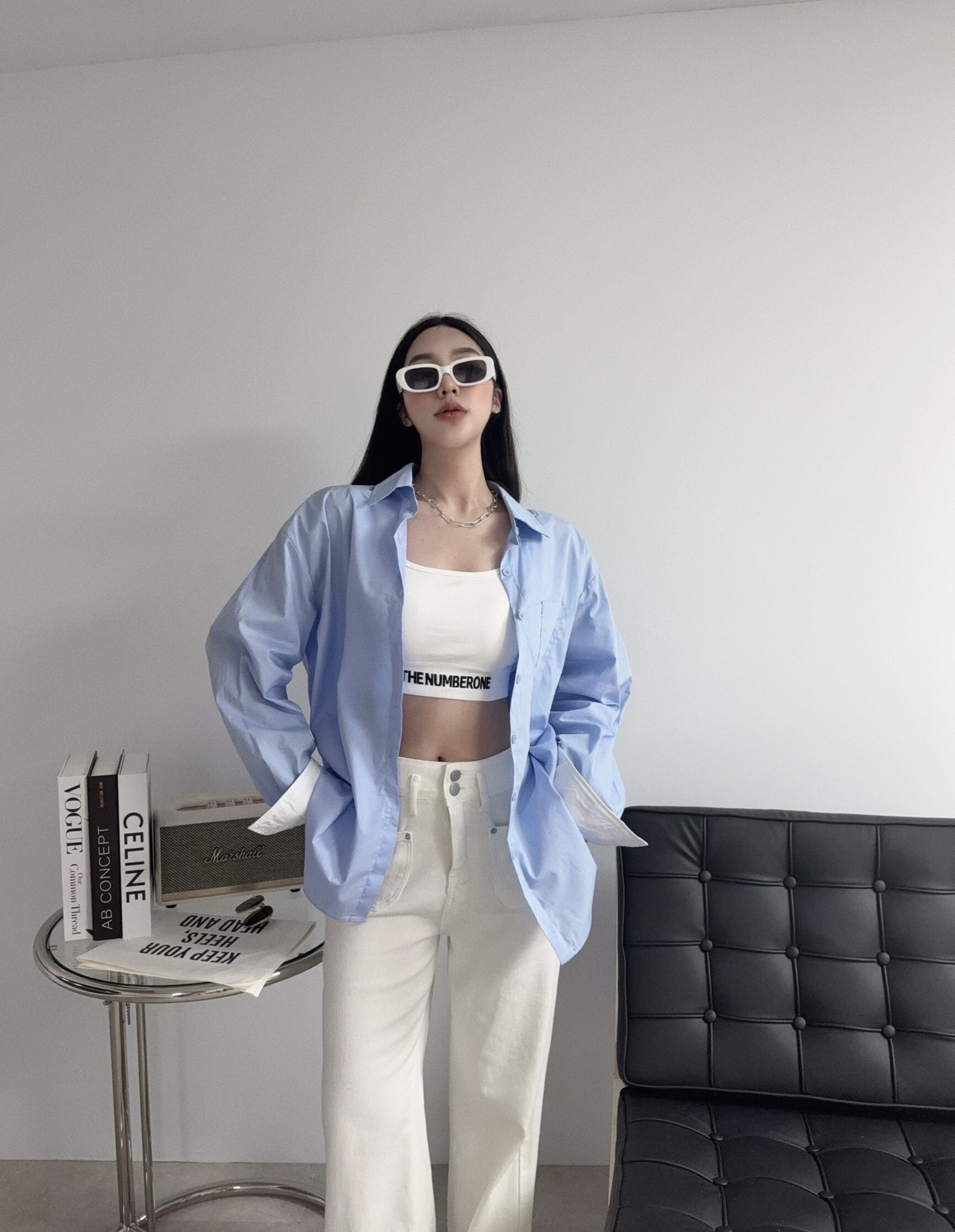 8888『選品』韓版拼色翻袖寬鬆男友襯衫 (4)