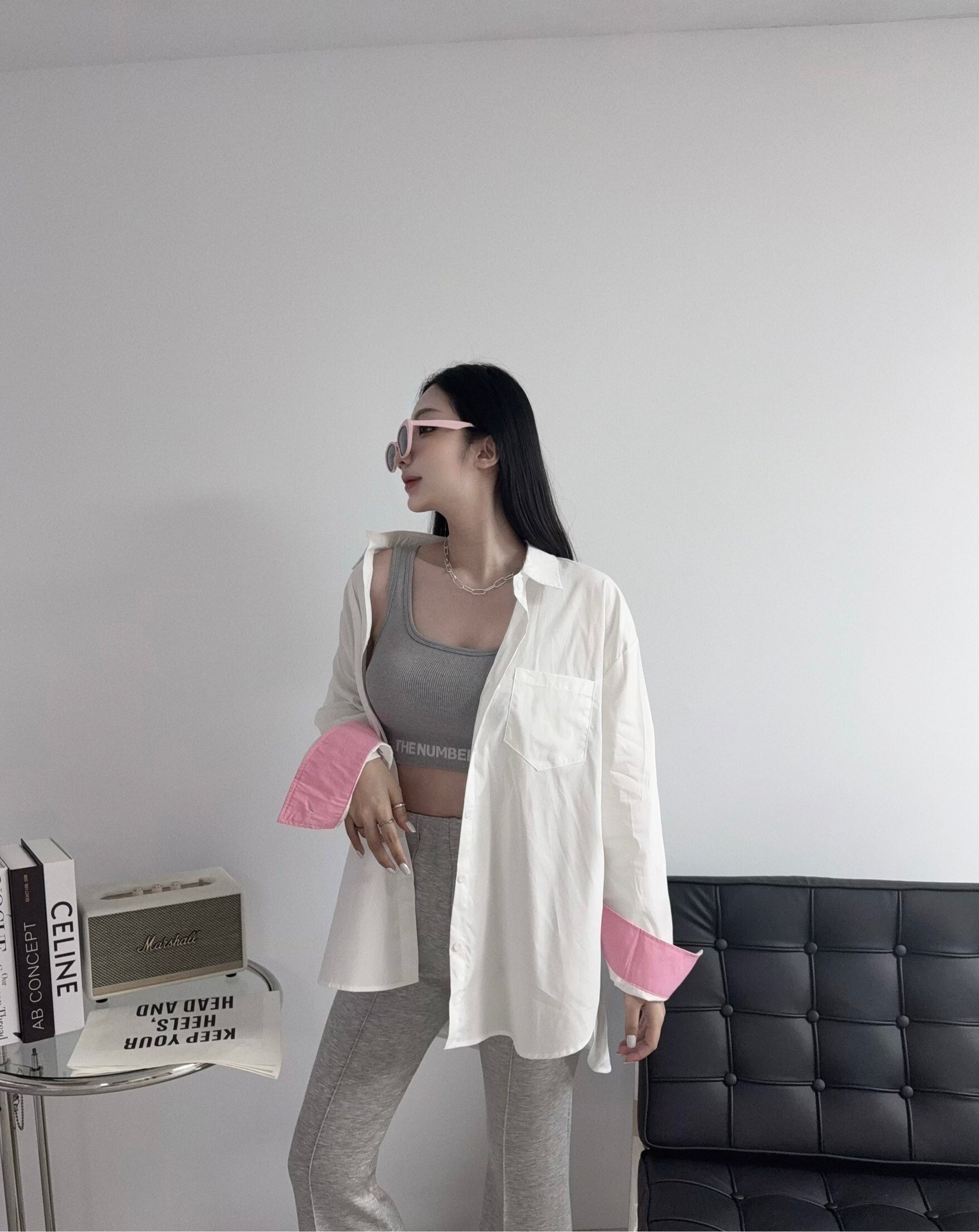 8888『選品』韓版拼色翻袖寬鬆男友襯衫 (2)