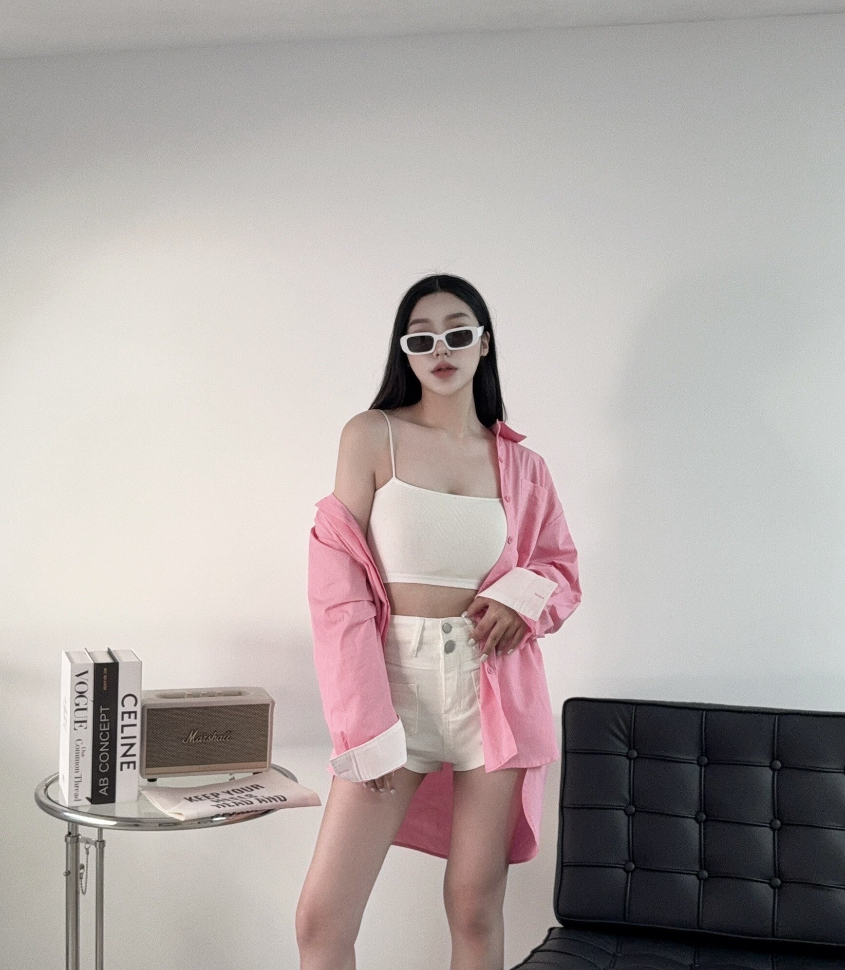 8888『選品』韓版拼色翻袖寬鬆男友襯衫