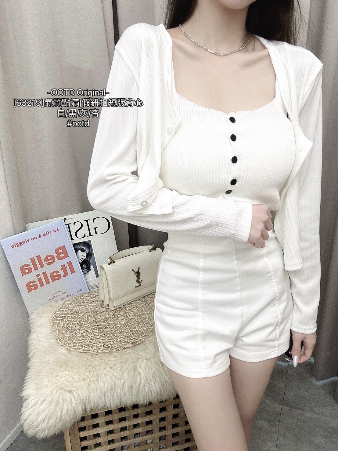 [63219]氣質點滿假鈕扣短版背心