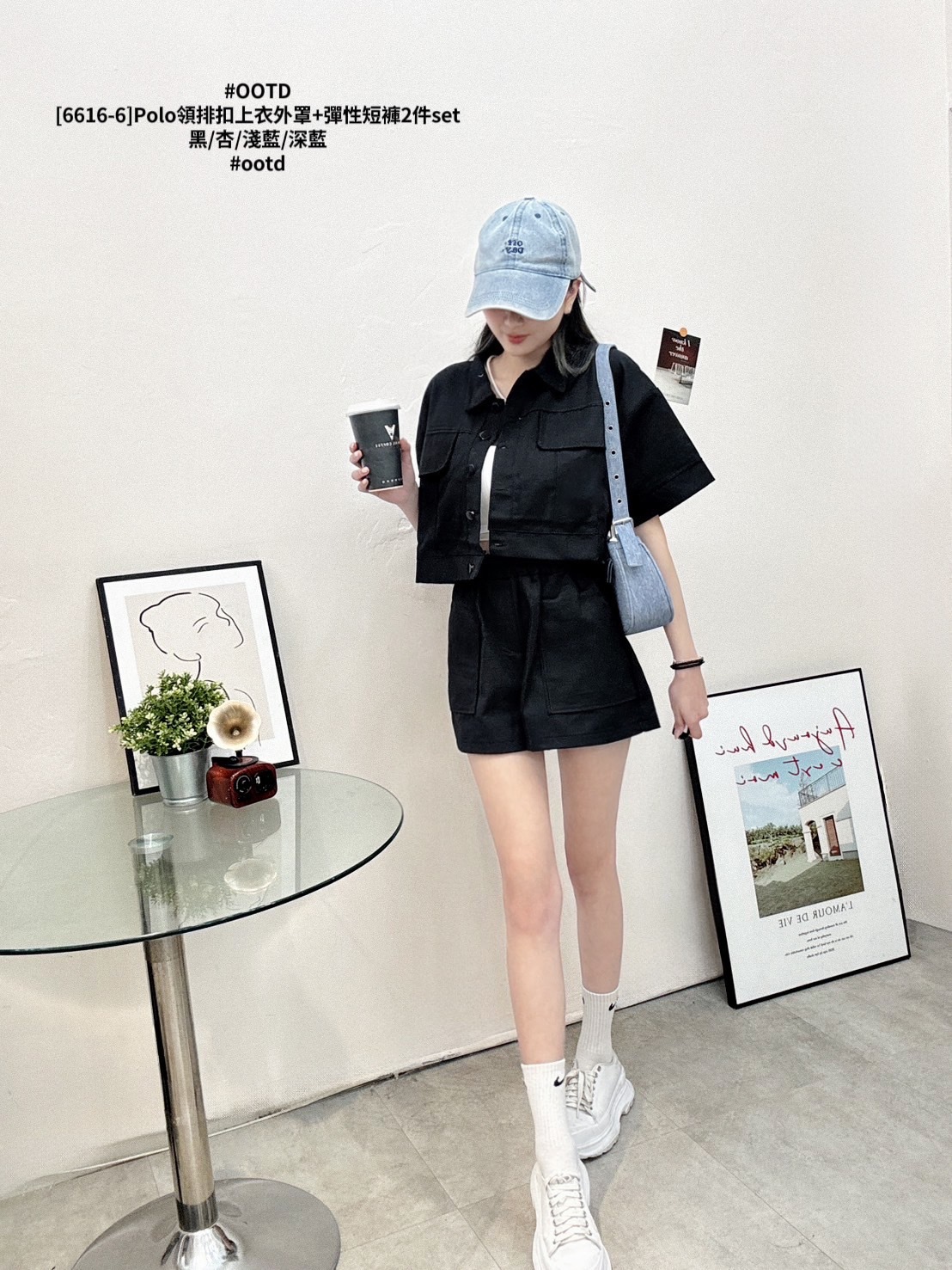 [6616-6]Polo領排扣上衣外罩+彈性短褲2件set (7)