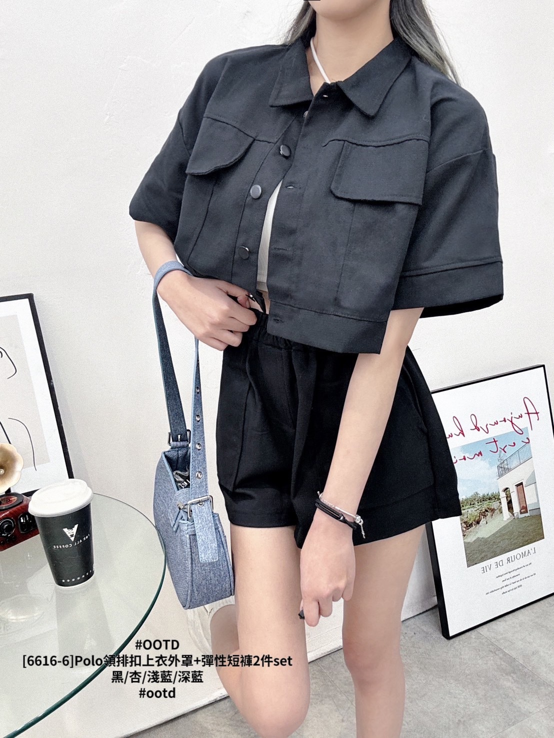 [6616-6]Polo領排扣上衣外罩+彈性短褲2件set (8)