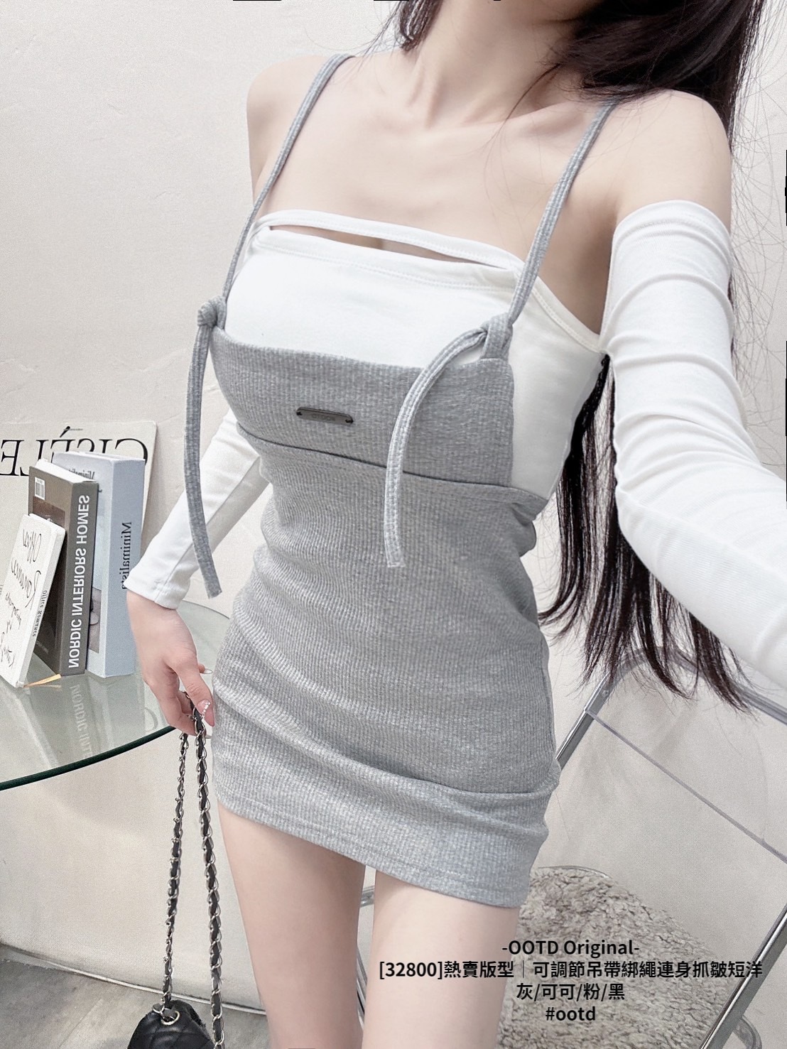 [32800]熱賣版型｜可調節吊帶綁繩連身抓皺短洋 (6)